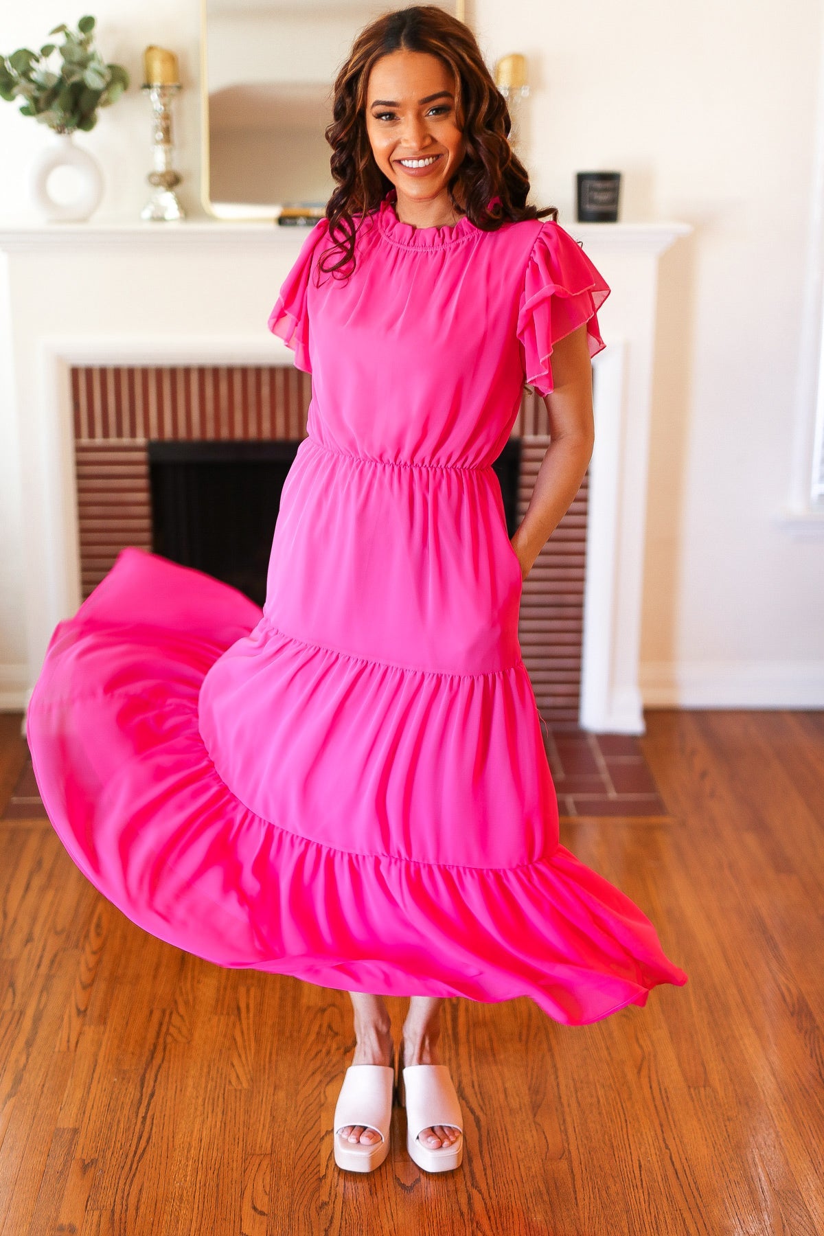 Haptics Perfectly You Hot Pink Mock Neck Tiered Chiffon Maxi Dress for Women - Elegant Formal & Party Wear, Wedding Guest Outfit, Evening Gown