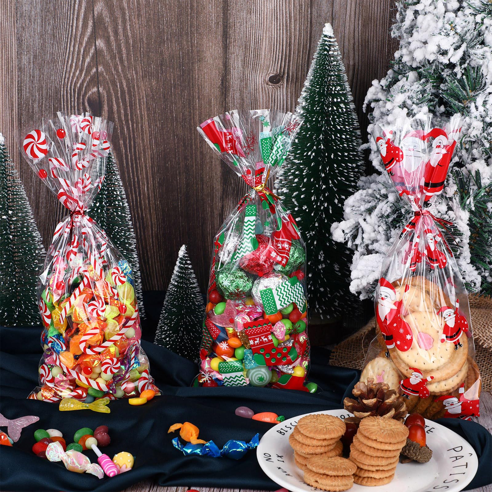 200 Pcs Christmas Cellophane Bags with 300 Twist Ties - 4 Styles for Holiday Candy, Cookies & Party Favors - Perfect for Christmas Treats, Gift Wrapping & Themed Party Supplies
