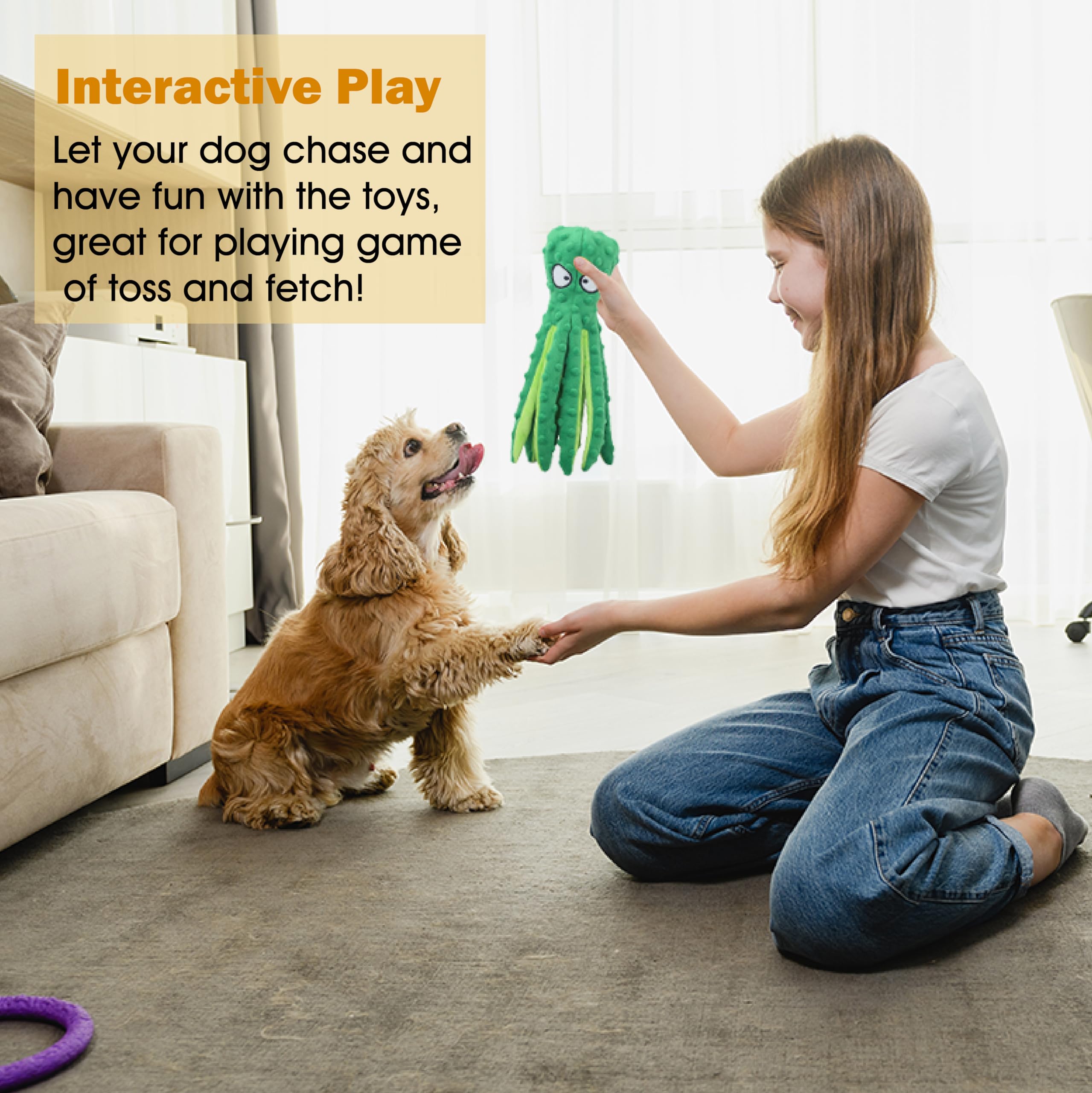Durable Octopus Dog Squeaky Toys - No Stuffing Crinkle Plush Chew Toys for Puppy Teething, Interactive Training Toys for Small, Medium & Large Dogs - 2 Pack - Perfect for Playtime, Anxiety Relief & Boredom Reduction