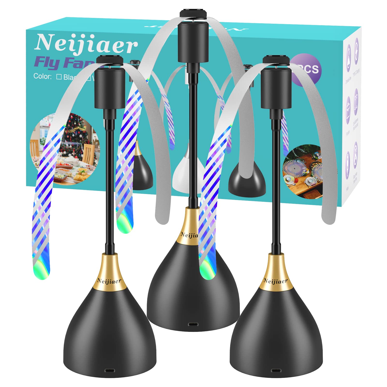 USB/Battery Powered Silent Table Fly Fan - 3 Pack Portable Insect Repellent with Soft Blades for Outdoor Dining, Picnics & Kitchen Use - Keep Food Clean & Fly-Free