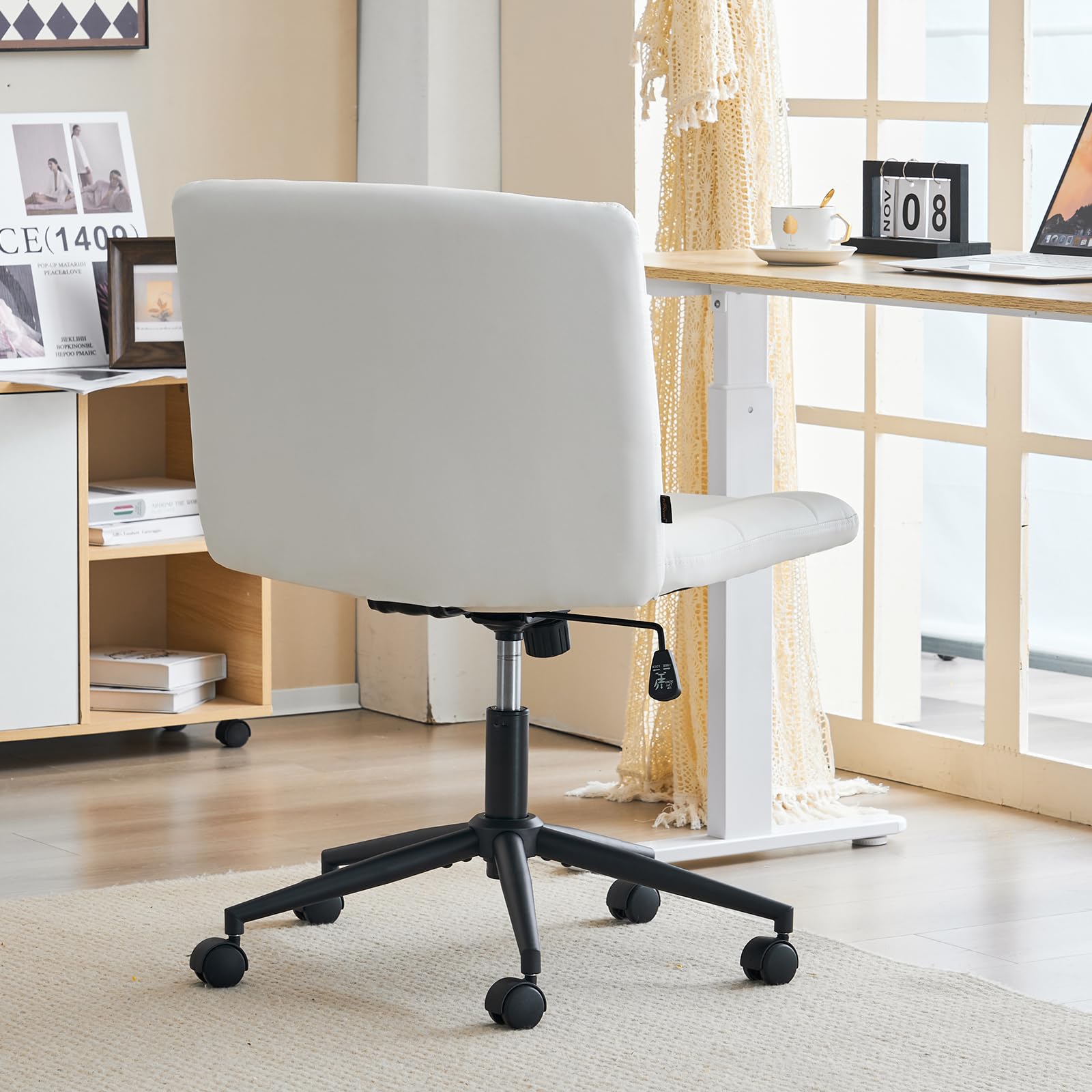 Furnimart Swivel Criss Cross Legs Office Chair with Wheels - Adjustable Height Armless Desk Chair, Comfortable PU Ivory White Seat for Home Office, Study, Vanity & Bedroom - Perfect for Work, Gaming & Relaxation