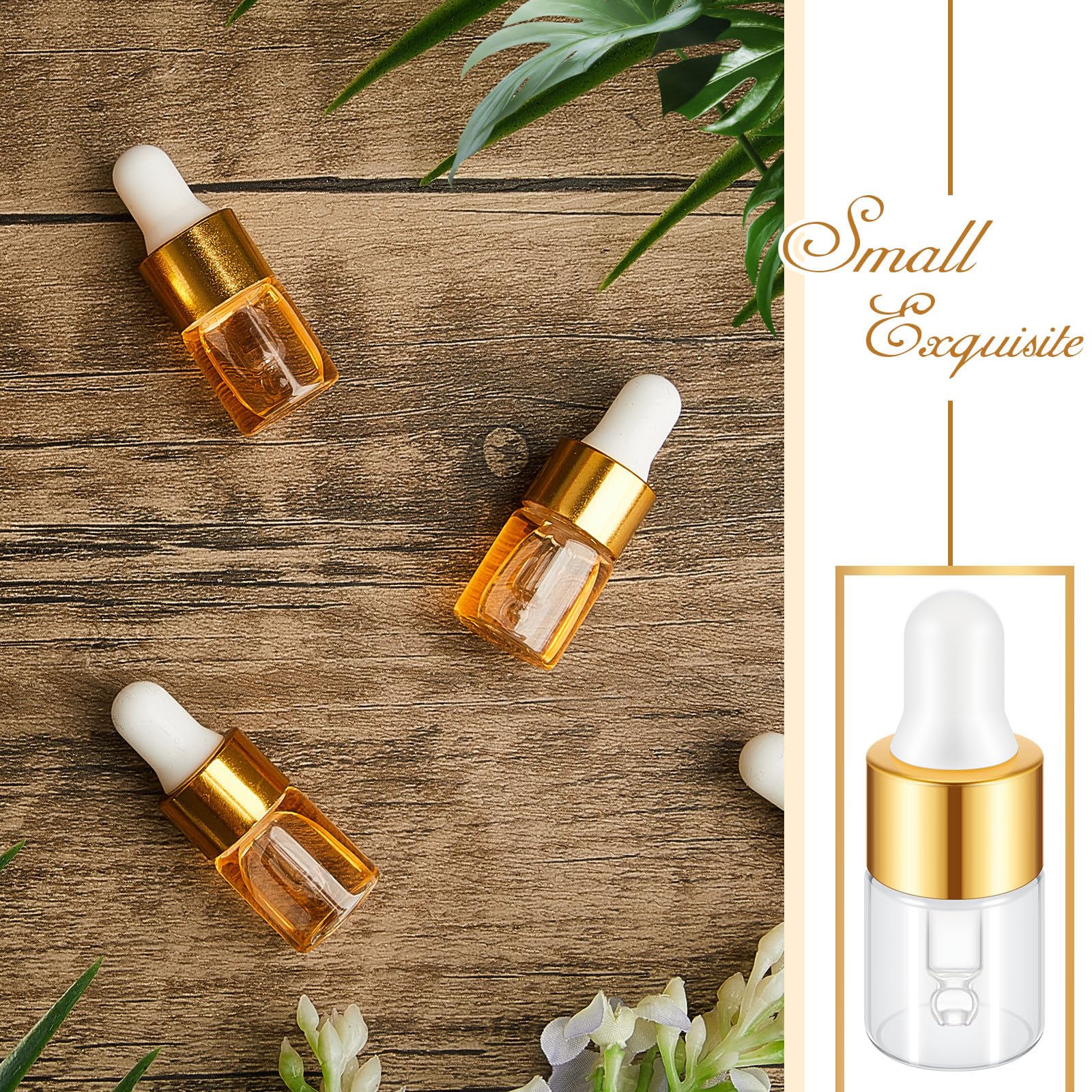 200 Pcs 2ml Mini Glass Dropper Bottles with Gold Lids - Travel Size Essential Oil Containers, Cosmetic Sample Vials for Perfume, DIY Liquids & Beauty Products - Perfect for Travel, Home Use & Gift Packaging