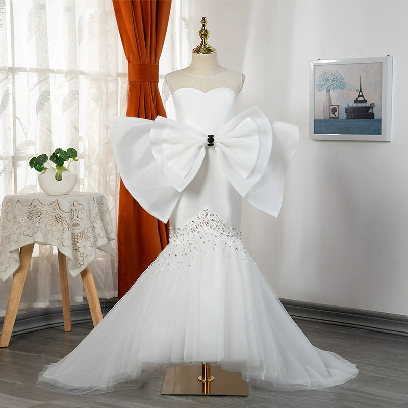 Elegant White Bow Mermaid Dress for Baby Girls - Toddler Formal Party Gown for Weddings, Photoshoots & Special Occasions