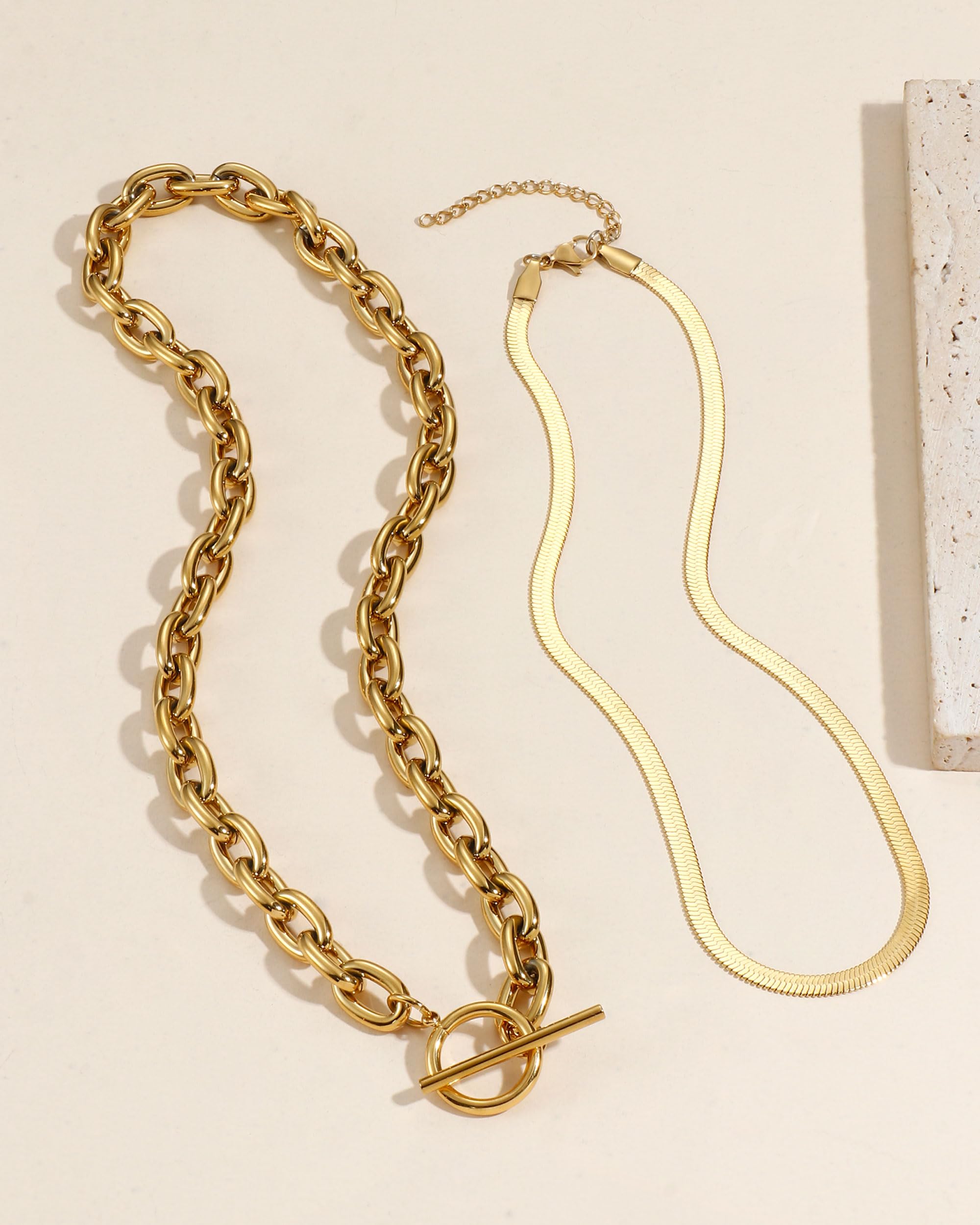 18K Chunky Gold Necklace for Women & Men - Sweatproof & Non-Tarnish Layered Chain Necklace - Thick Herringbone Paperclip Necklace Stack - Perfect for Layering, Everyday Wear & Special Occasions