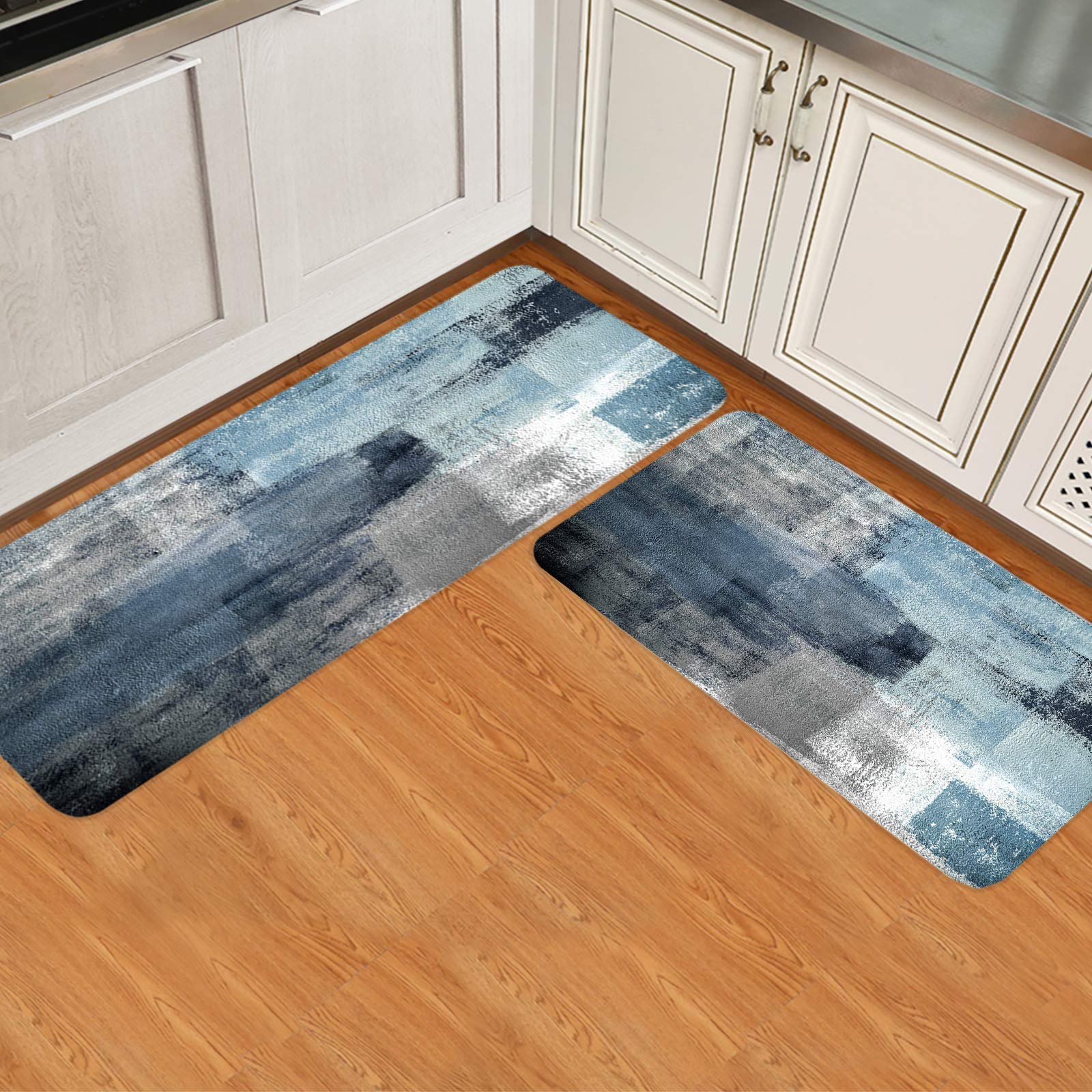 ARTSHOWING Non-Slip Abstract Art Kitchen Rugs Set of 2 - Blue and Grey Washable Floor Mats 23.6x35.4