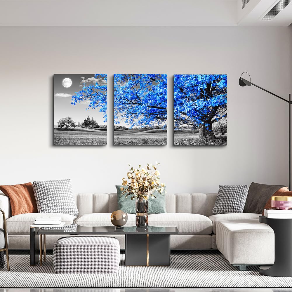 Premium 3-Piece Canvas Wall Art Set - Black & White Landscape with Blue Trees, Modern Farmhouse Decor for Living Room, Bedroom, Office & Salon | Enhance Your Home & Workspace Aesthetics