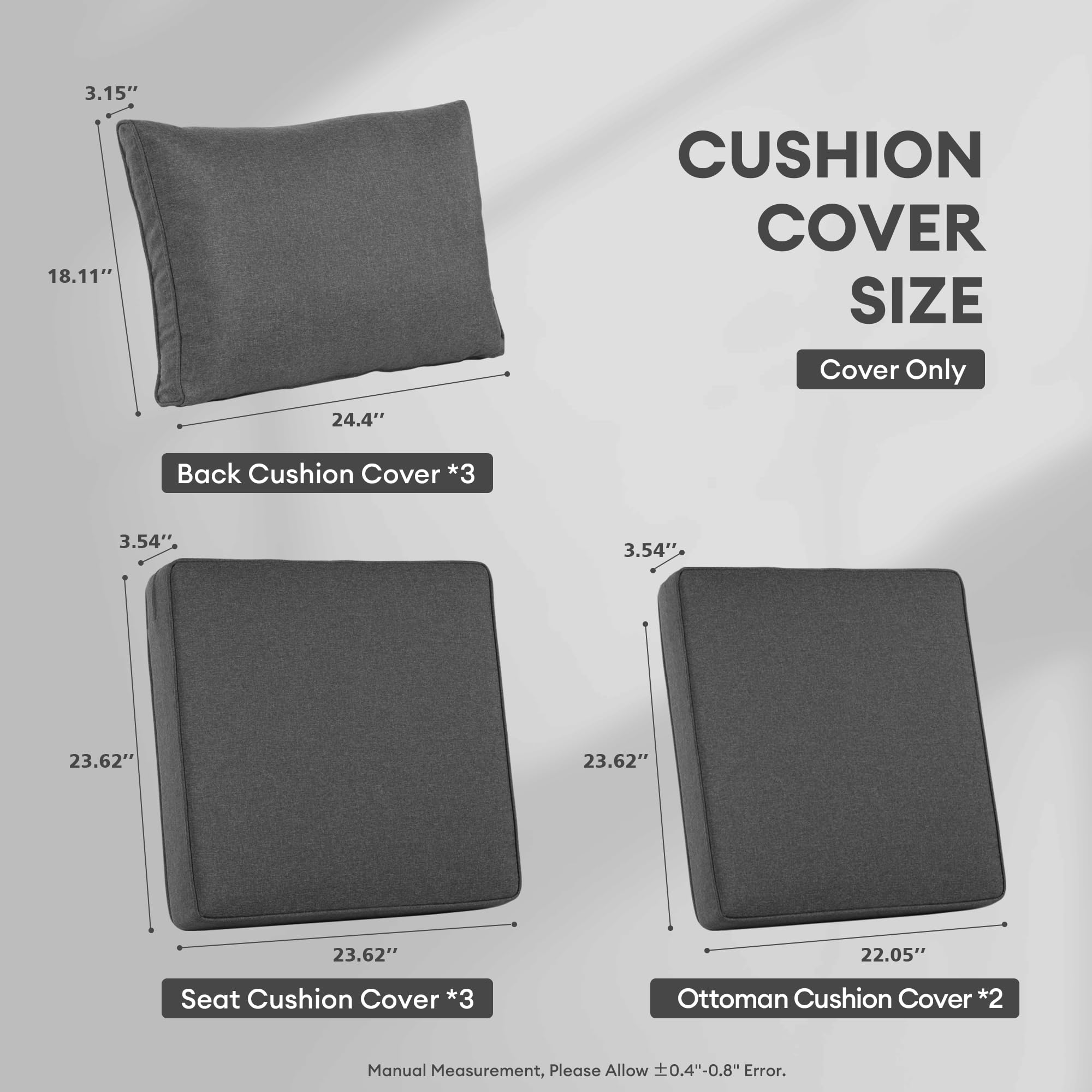 Waterproof Outdoor Cushion Covers - 8 Pack Black Patio Furniture Covers with Zipper for Sofa, Couch & Ottoman - Durable All-Weather Protection for Backyard, Deck & Poolside Use