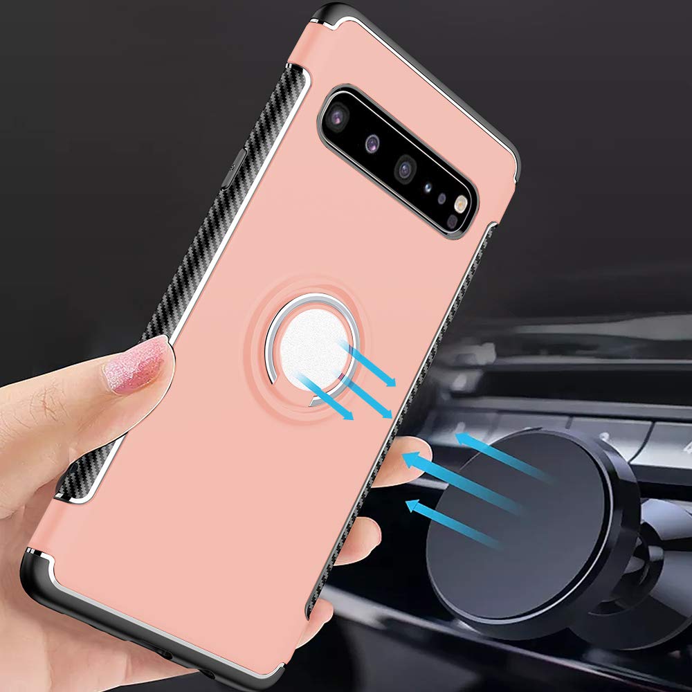Premium Shockproof Phone Case for Samsung Galaxy S10 Plus with Tempered Glass Screen Protector & Ring Stand Holder - Rose Gold Hybrid Protective Cover for Galaxy S10+ | Perfect for Work, Travel & Everyday Use
