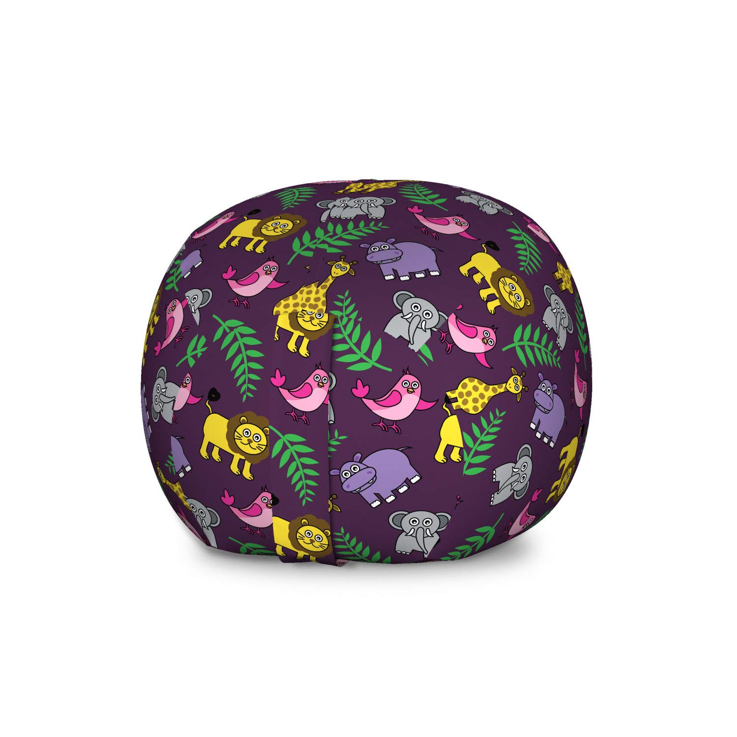 Ambesonne Funny Cartoon Jungle Animals Storage Bag Chair - Large Washable Stuffed Animal Organizer with Palm Leaves on Purple Savannah Theme | Perfect for Kids' Room, Playroom & Toy Organization