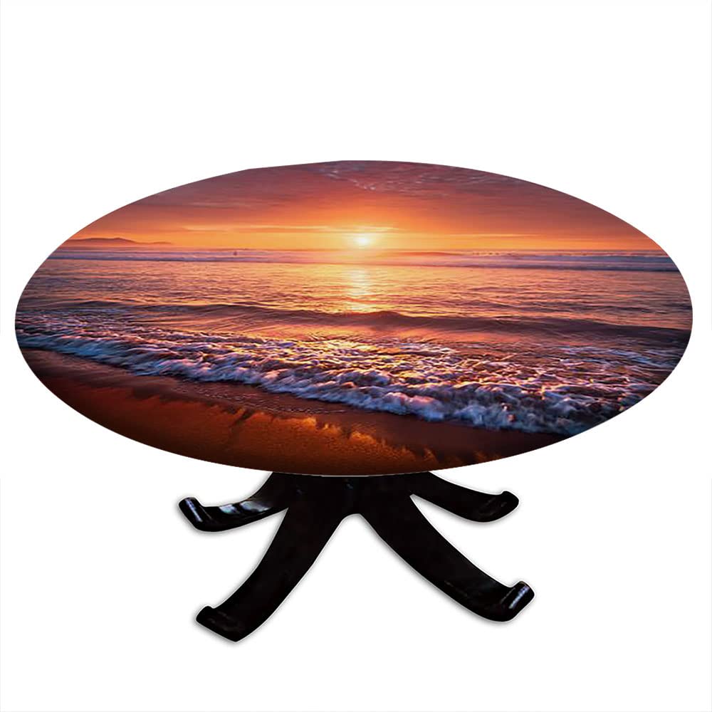 Ocean Round Tablecloth with Elastic Edge - Marine Theme 3D Printed Design for 36 Inch Dining Tables | Perfect for Buffet Parties, Camping & Beach Themed Events