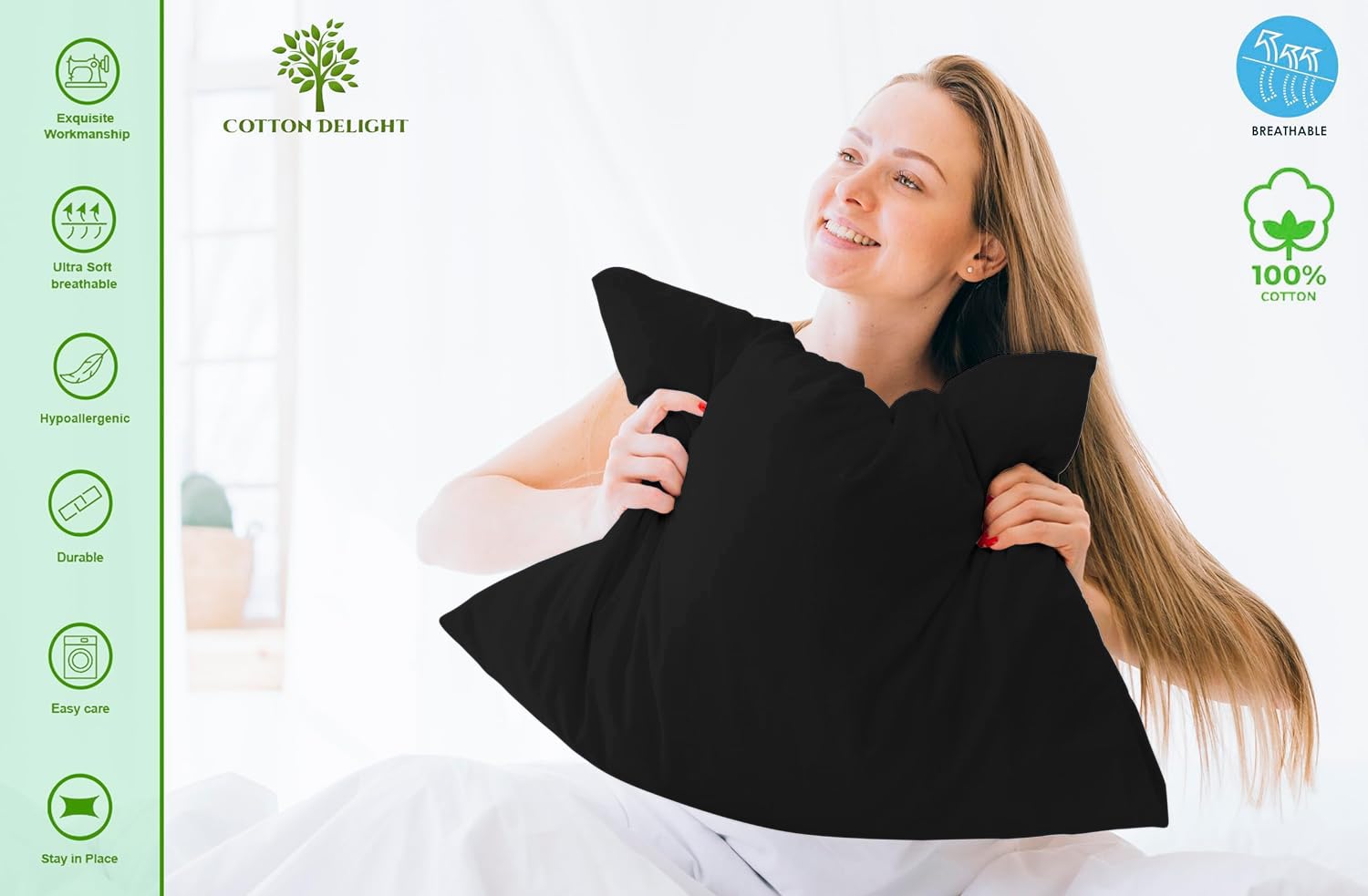 Premium 100% Natural Cotton Pillowcases Set of 2 - 600 Thread Count, Standard Size 20 x 26 Inches, Soft & Breathable Black Pillow Covers for Bedroom, Hotel, or Travel - Hypoallergenic & Durable