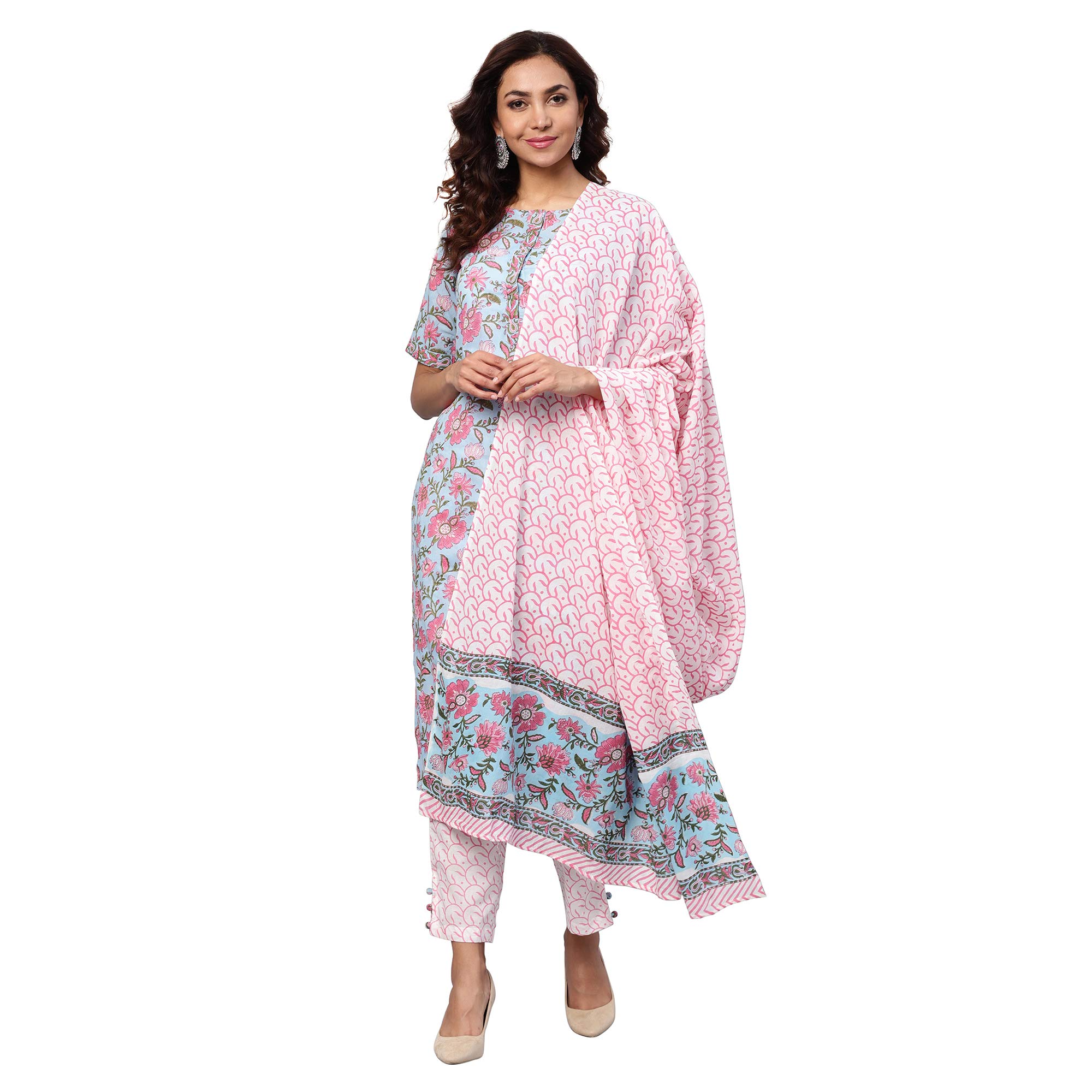 Handmade Women's Block Print Kurta Cotton Pants & Dupatta Set - Comfortable Indian Ethnic Wear for Festivals, Parties & Casual Outings
