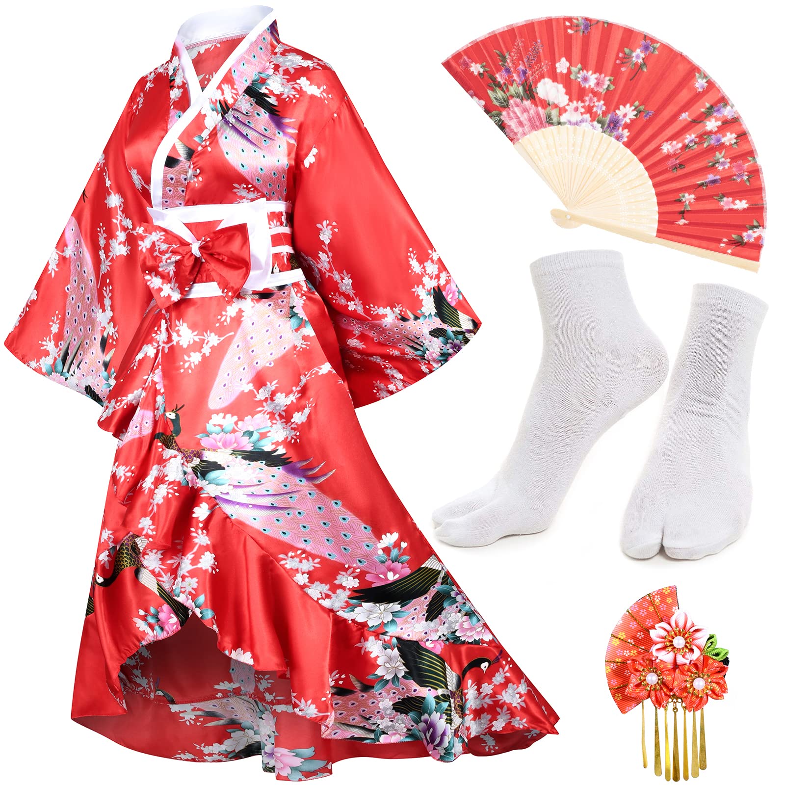 Japanese Women's Kimono Robe - Elegant Geisha Yukata with Ruffle Sleeves, Blossom Print Satin Bathrobe & Sleepwear Set with Tabi Socks | Perfect for Spa Days, Cosplay, Loungewear & Themed Parties