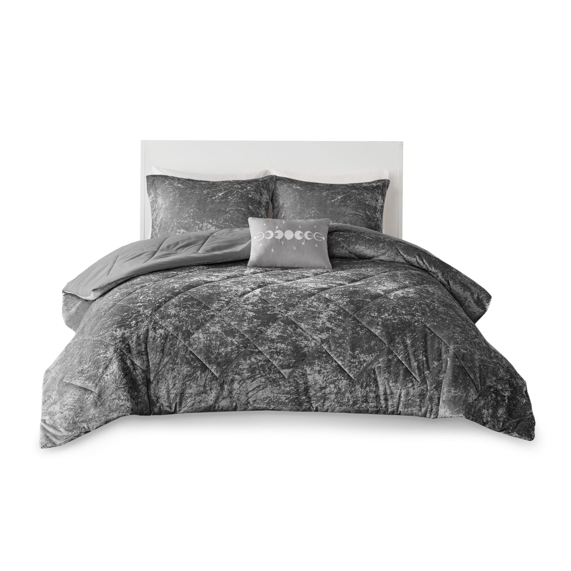 Luxury Velvet Queen Duvet Cover Set - Diamond Quilting Grey Bedding with Decorative Pillow & 2 Shams (4-Piece) - Soft Fluffy Comforter Cover for Full/Queen Bed - Perfect for Master Bedroom, Guest Room & Cozy Winter Nights