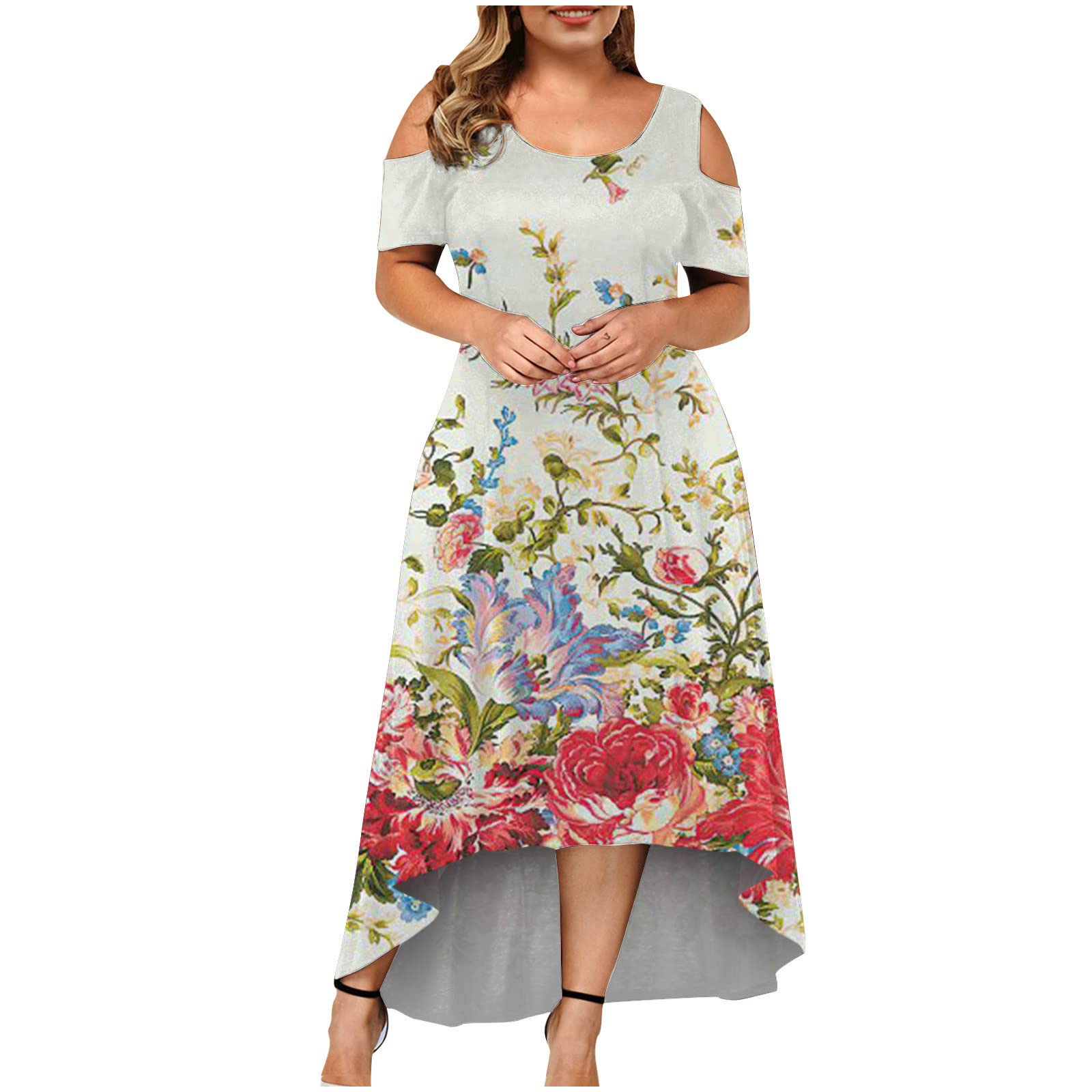 Plus Size Floral Maxi Dress for Women - Short Sleeve A-Line Swing Cold Shoulder Dress for Summer, Vacation & Wedding Guest | Beach Party, Garden Wedding & Tropical Getaway Outfit