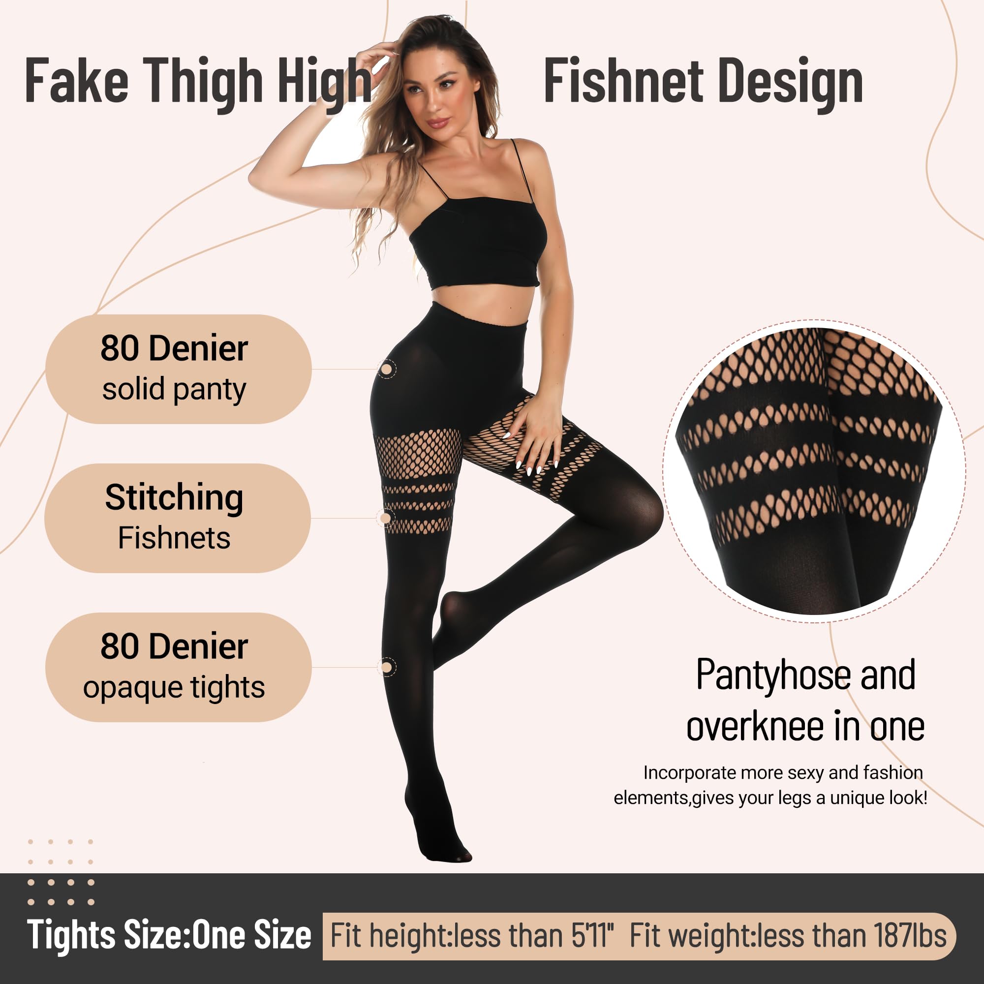MANZI Women's Faux Thigh High Fishnet Stockings - Opaque Pantyhose with Striped Suspender Tights - Gothic Style Over The Knee Socks for Cosplay, Halloween, Burlesque & Night Out