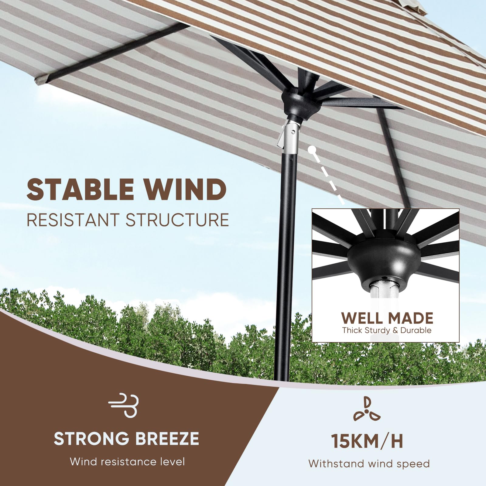 Tempera Patio Market Outdoor Table Umbrella with Auto Tilt & Crank - Large Sun Shade Umbrella with Sturdy Pole & Fade-Resistant Canopy - Easy Setup for Backyard, Poolside & Outdoor Dining