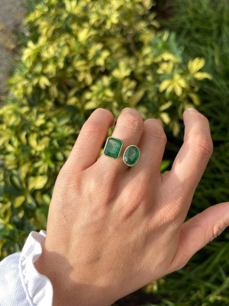 8.80tcw 18K Gold Toi Et Moi Ring with Emerald & Oval Cut Deep Green Gemstones | Vintage Inspired Engagement Ring, Wedding Band, Anniversary Gift for Her