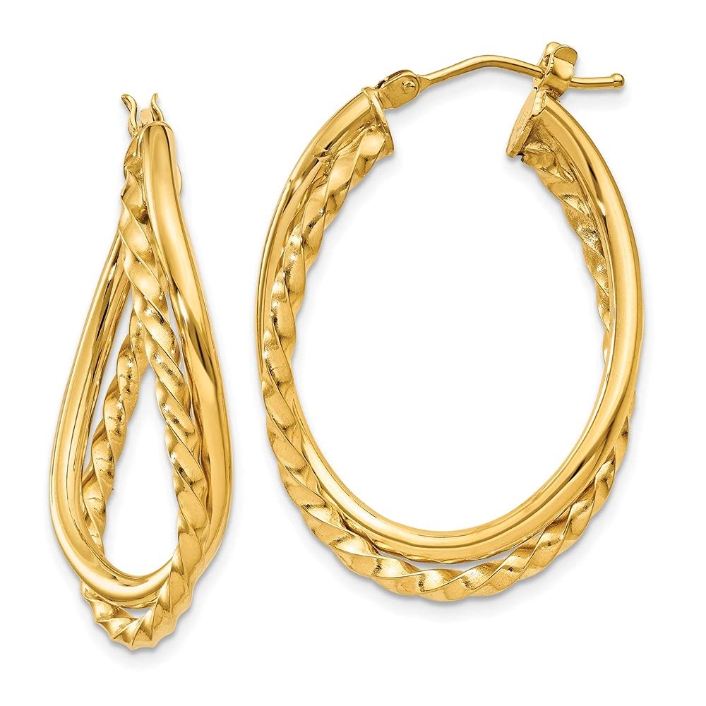14k Yellow Gold Textured & Polished Twist Oval Hoop Earrings for Women | Elegant Everyday Jewelry | Perfect for Parties, Weddings & Office Wear