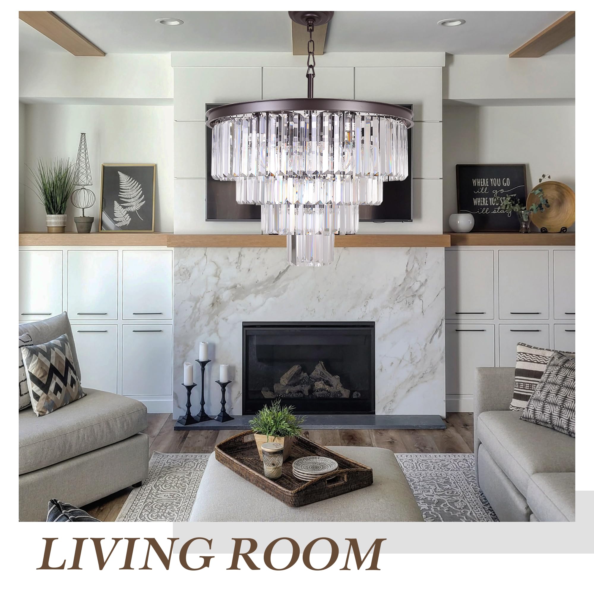 Oil Rubbed Bronze Crystal Modern Chandelier - 4-Tier Pendant Ceiling Light Fixture 23.6