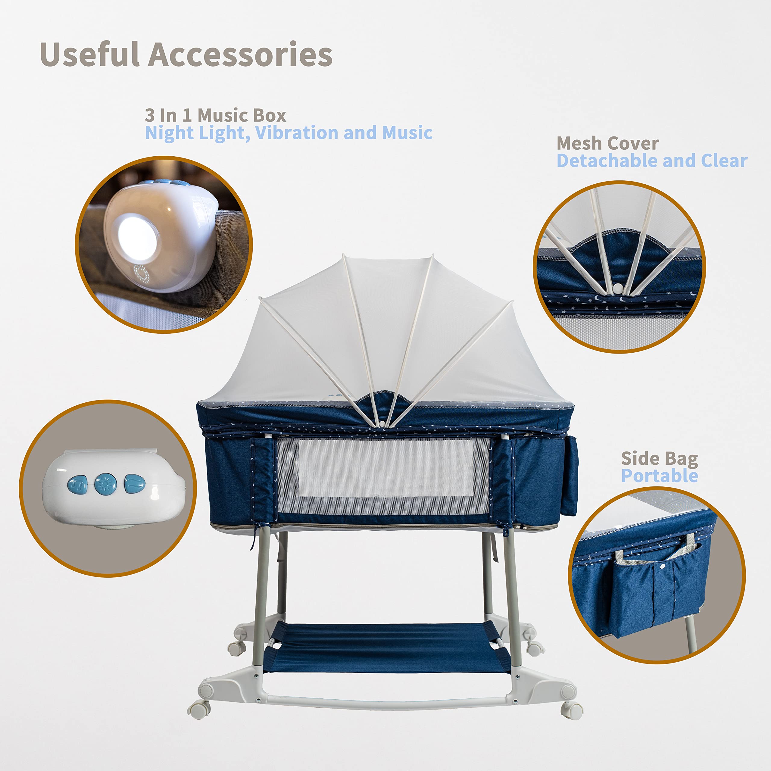 Portable 3-in-1 Baby Bassinet on Wheels - Adjustable Bedside Sleeper, Rocking Crib & Playard with Breathable Mesh, Detachable Mosquito Net, Vibration Music Box & Night Light (Navy Blue) - Perfect for Nursery, Bedroom & Travel Use