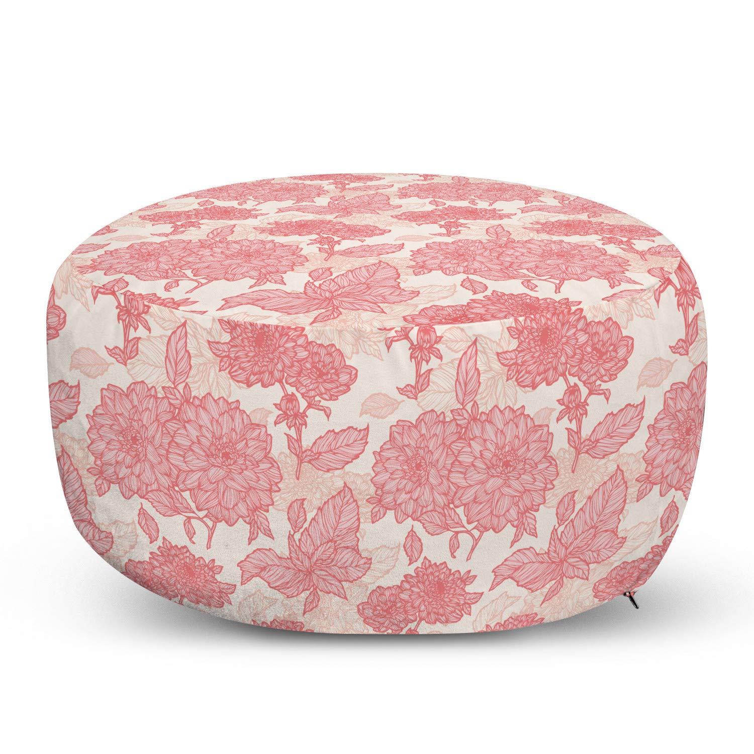 Ambesonne Floral Ottoman Pouf - Gardening Theme with Dahlias & Leaves Print, Soft Foot Rest Stool with Removable Cover for Living Room & Bedroom Decor | Perfect for Home, Office, Nursery & Reading Nook - Pink