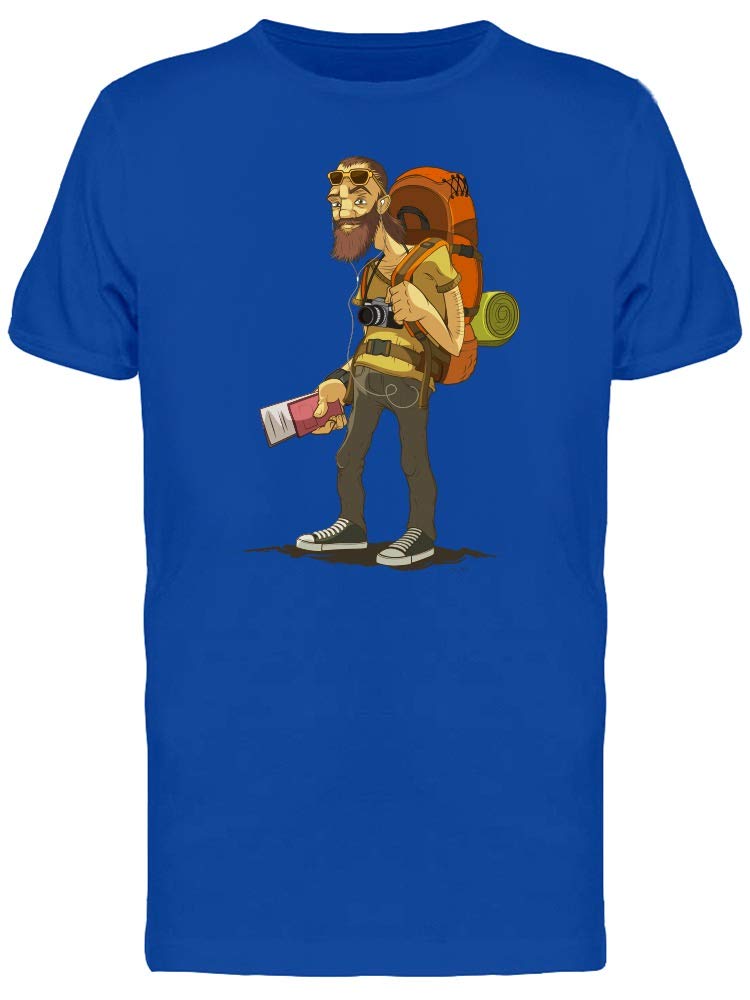 Smartprints Bearded Traveler Cartoon T-Shirt for Men - Casual Graphic Tee for Travel Enthusiasts & Outdoor Adventures