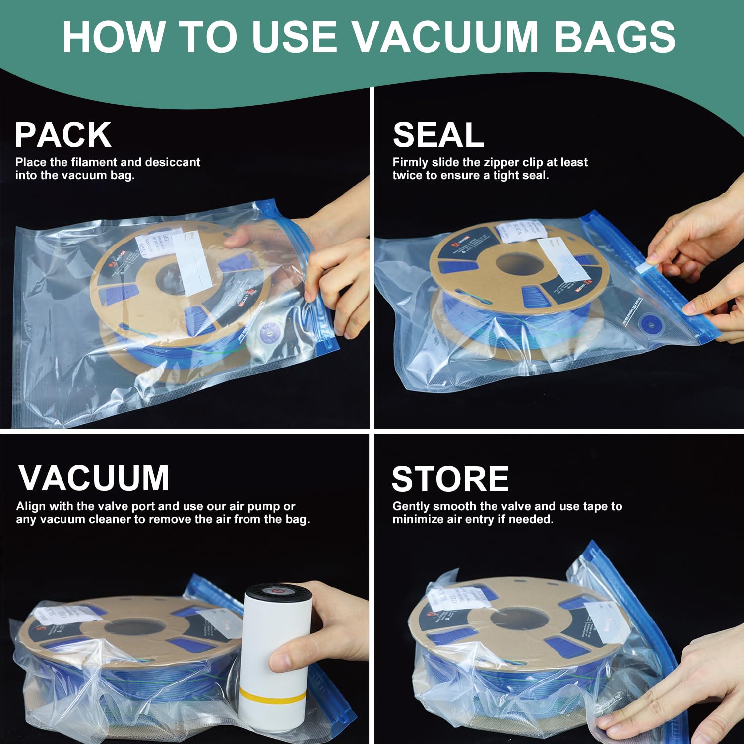 LOVOON 3D Printer Filament Storage Bags - 15-Pack Vacuum Sealed Kit with Auto Pump & Desiccants | Keep Filament Dry & Fresh | Perfect for PLA, ABS, PETG Filament Storage After Drying | Ideal for 3D Printing Enthusiasts & Makers