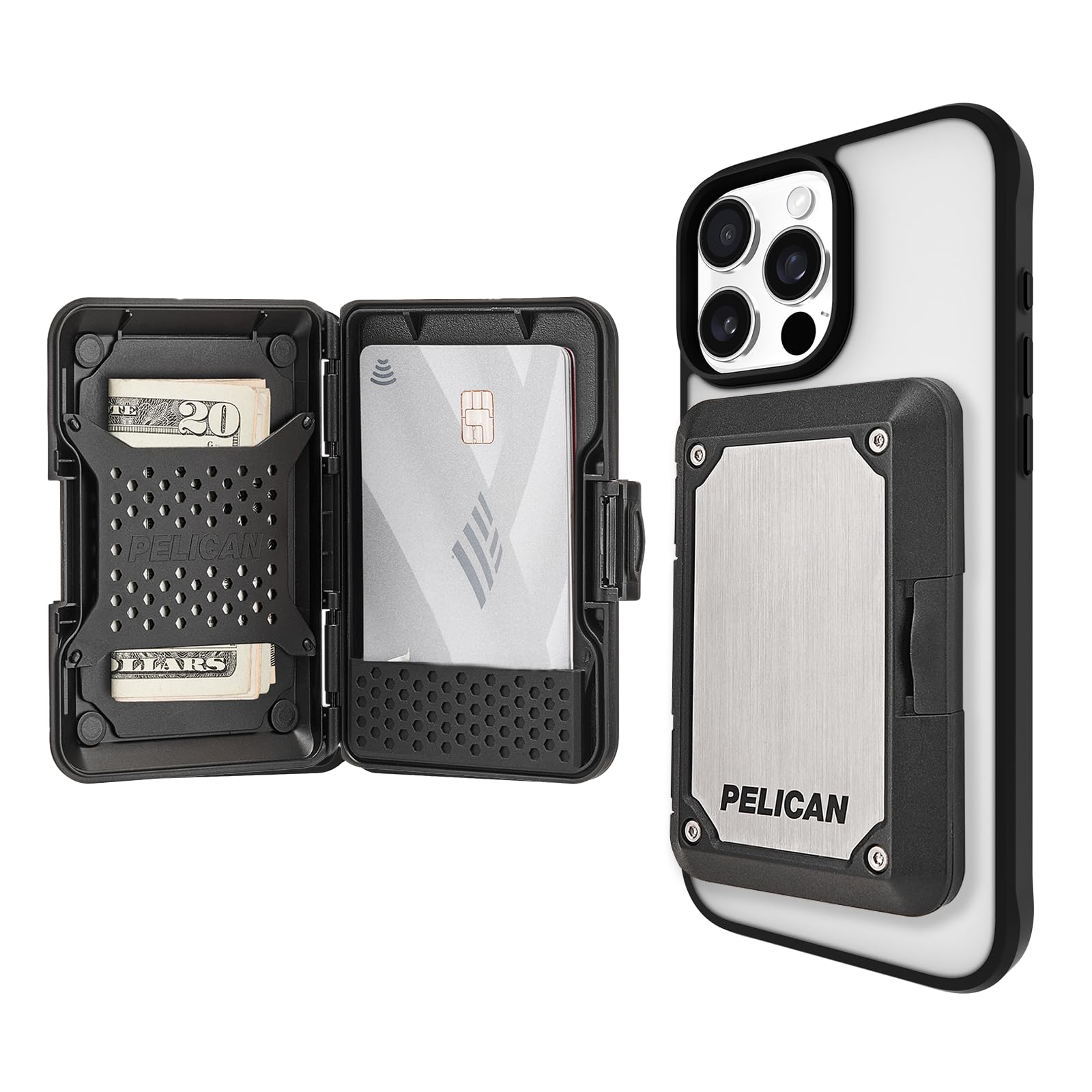 Pelican iPhone MagSafe Wallet with RFID Blocking - Military-Grade Snap-On Magnetic Phone Wallet for iPhone 16/15/14/13 Pro Max | Detachable Hard Case Card Holder for Cash & Credit Cards (Brushed Titanium) | Perfect for Travel, Work & Everyday Protection