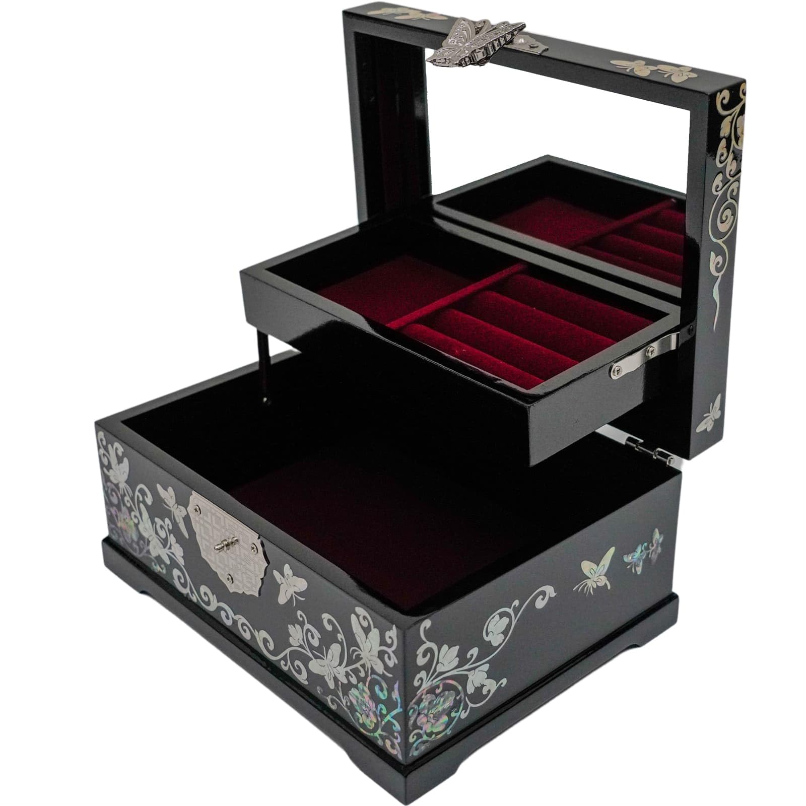 February Mountain Mother of Pearl Jewelry Box - 2-Layer Handmade Wooden Keepsake Box with Peacock Design, Perfect Gift for Women, Mom, Wife, Girlfriend, Sister - Butterfly & Moon Pattern for Jewelry Storage & Home Decor
