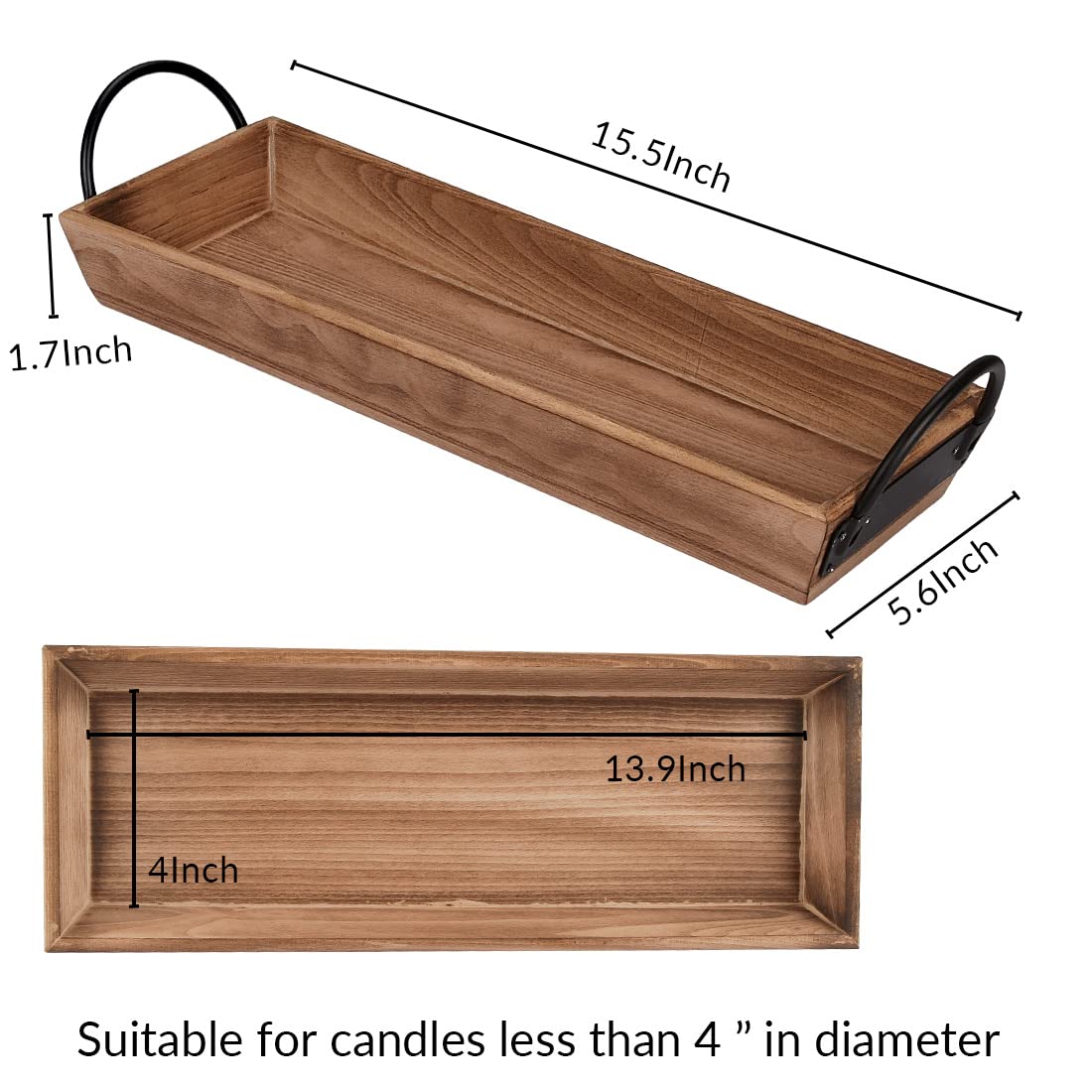 Rustic Rectangle Wood Candle Tray with Black Metal Handles - Farmhouse Style Candle Holder for Displaying Candles, Centerpiece for Dining Table, Mantel, Coffee Table - Perfect for Home Decor, Wedding Decorations, and Cozy Farmhouse Aesthetic