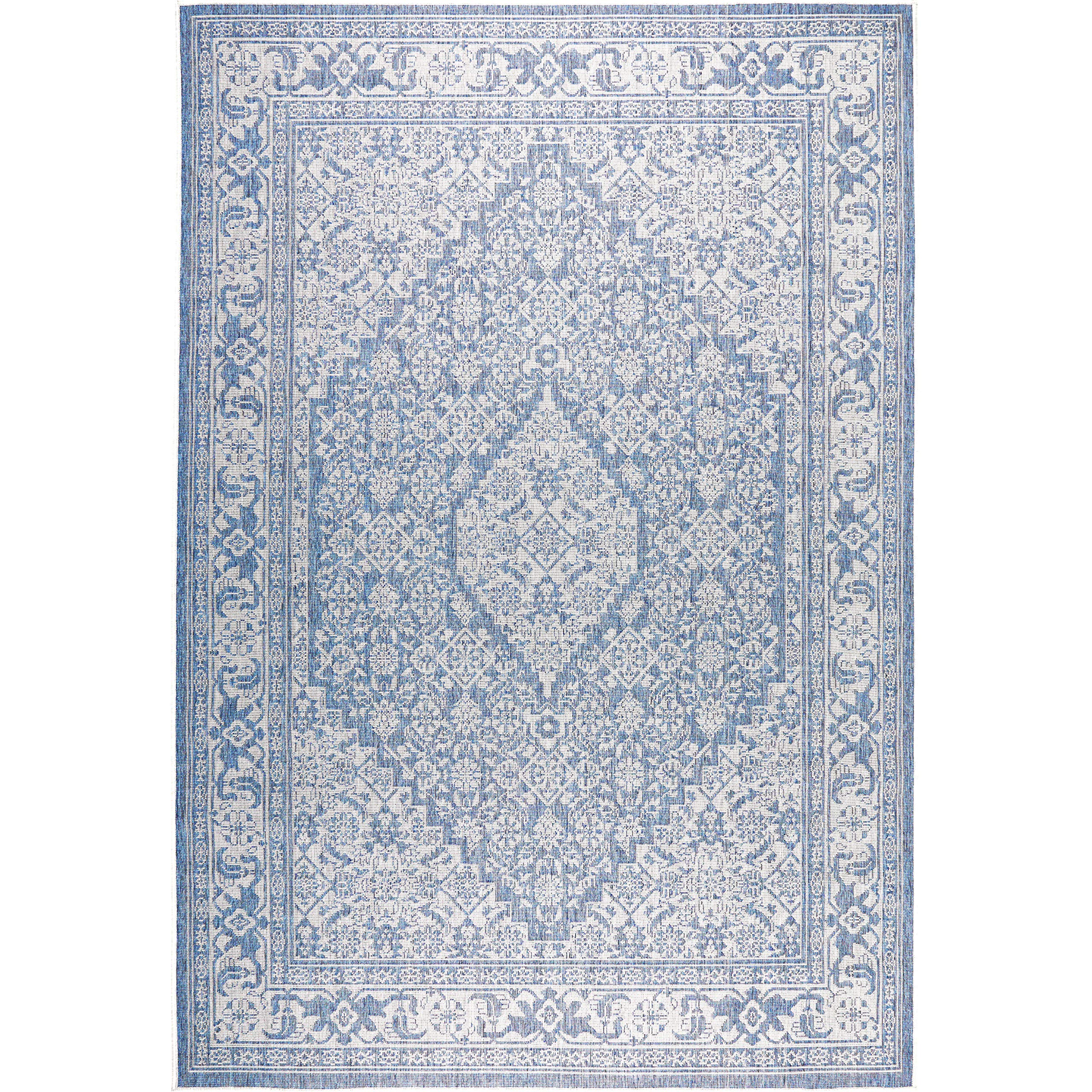 Nicole Miller New York Patio Country Dahlia Transitional Medallion Indoor/Outdoor Area Rug - Blue & Grey - 7'9
