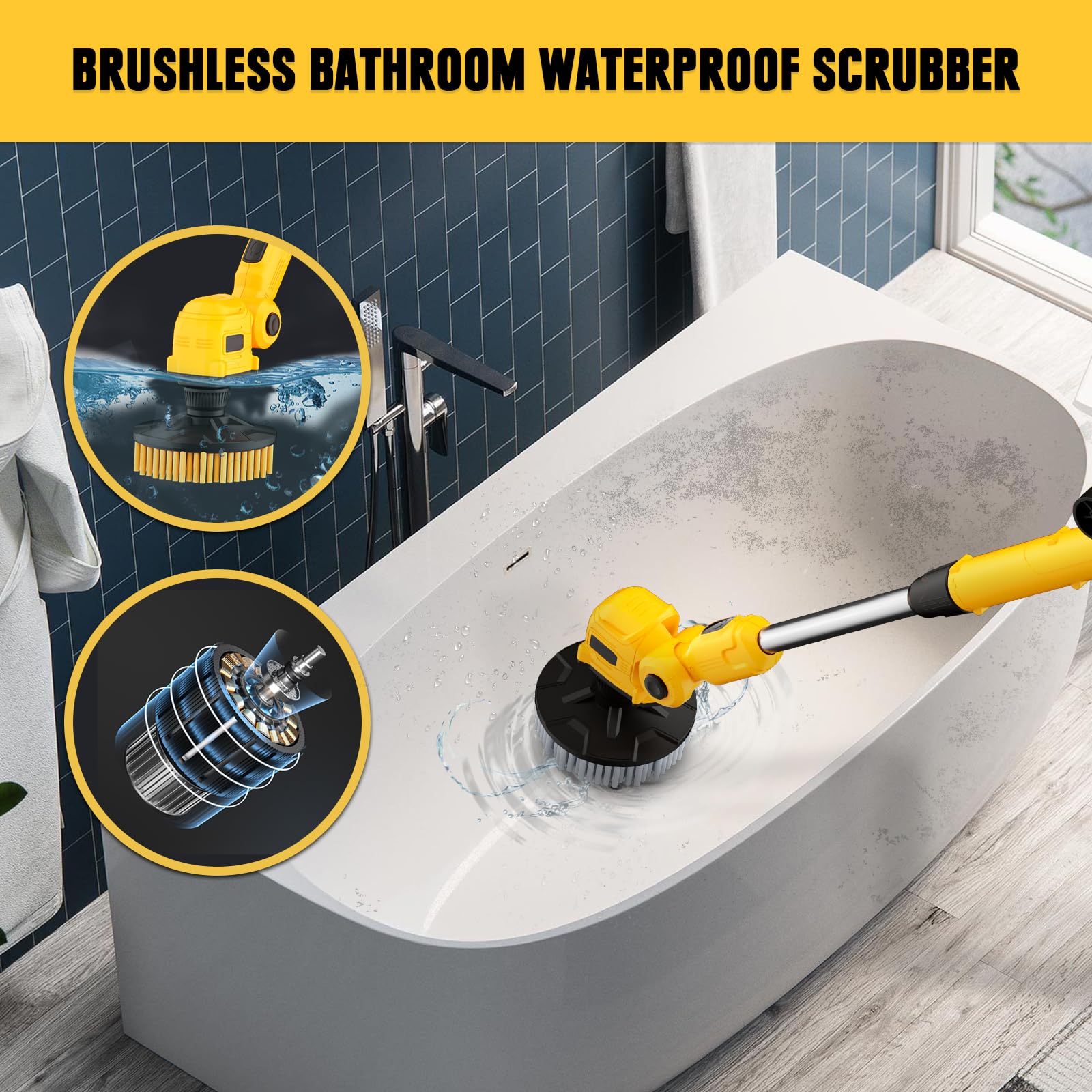 Electric Spin Scrubber with Dewalt 20V Max Battery Compatibility (Tool Only) - 700RPM Brushless Shower Cleaning Brush with Telescopic Long Handle & 2 Brush Heads - Perfect for Tub, Tile, Bathroom, Kitchen, Car Cleaning - Effortless Deep Cleaning for Tough Grime and Stains