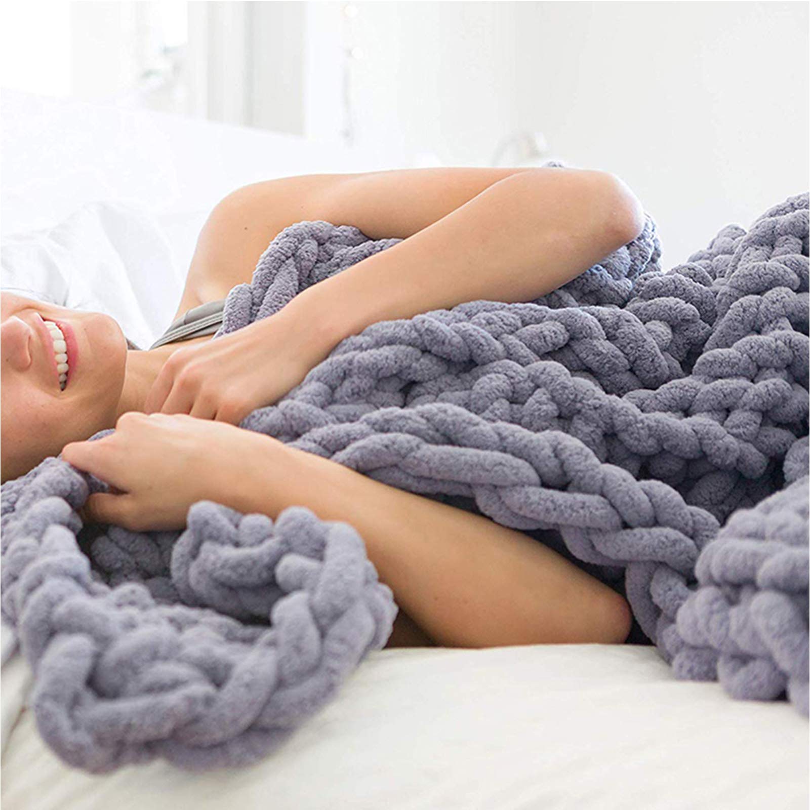 Handmade Chunky Knit Blanket - Soft Chenille Grey Oversized Cable Braided Throw (79x79 Inch) | Cozy Sofa Blanket, Warm Fluffy Bed Cover, Perfect Boho Gift for Home Decor