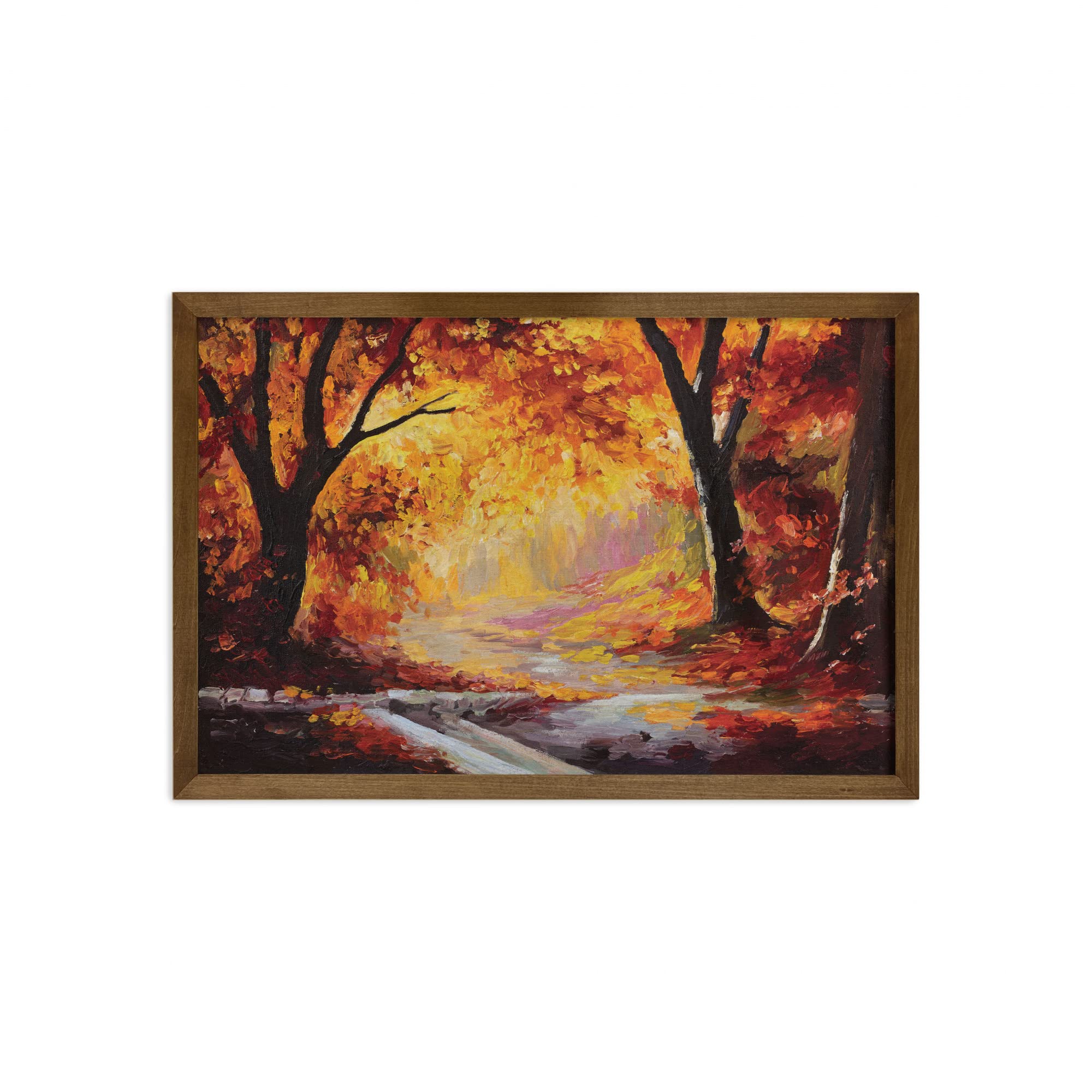 Ambesonne Autumn Forest Framed Wall Art - Hand-Painted Country Landscape with Fall Leaves, Teak Wood Frame Fabric Decor for Home, Dorm & Office (35