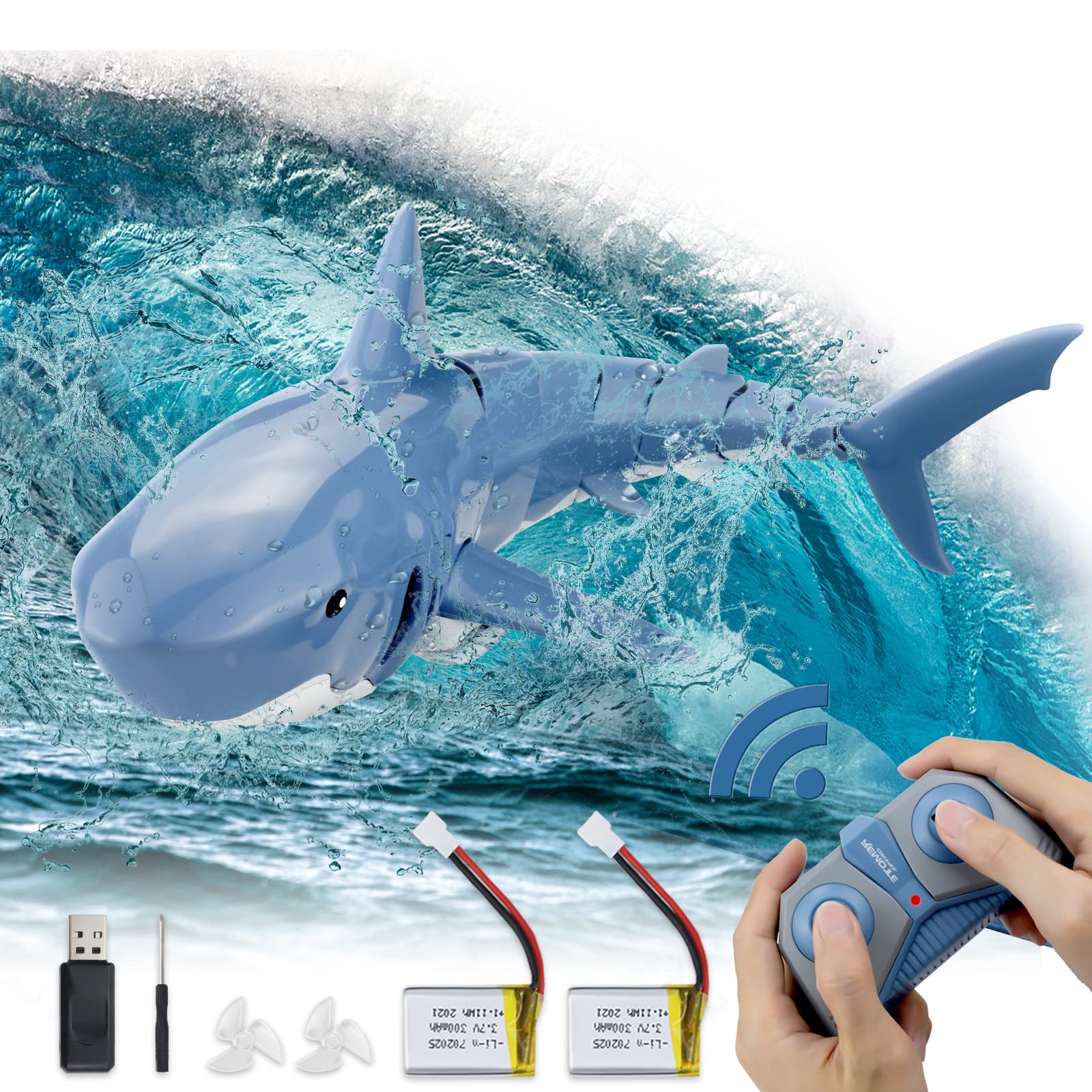 1:18 Scale High-Simulation Remote Control Shark Boat - 2.4GHz Rechargeable RC Pool Toy for Kids Ages 9+ | Perfect for Swimming Pools, Bath Tubs & Outdoor Water Play | Cool Blue Shark Gift for Boys & Girls