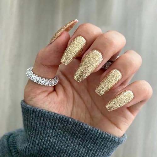 Shhagan 12 Pcs Gold Glitter Press On Nails - Ballerina Fake Nails with Glue & Stickers | Long Lasting Artificial Nails for Parties, Weddings & Special Occasions