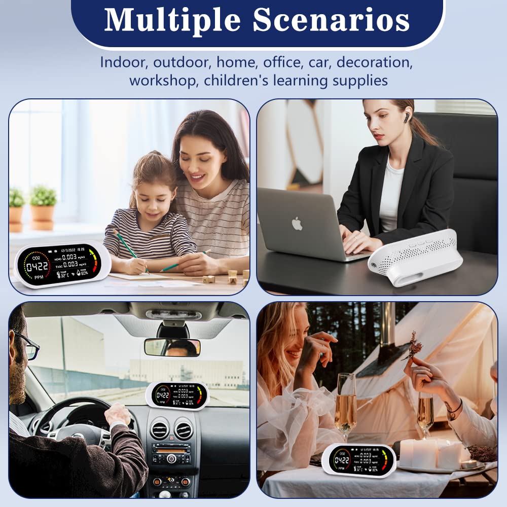 **Air Quality Monitor Indoor - Portable CO2, Formaldehyde, Temperature & Humidity Detector with Alarm for Home, Office, School - Real-Time Testing, Battery Powered - Ideal for Baby Rooms, Basements & Workspaces**