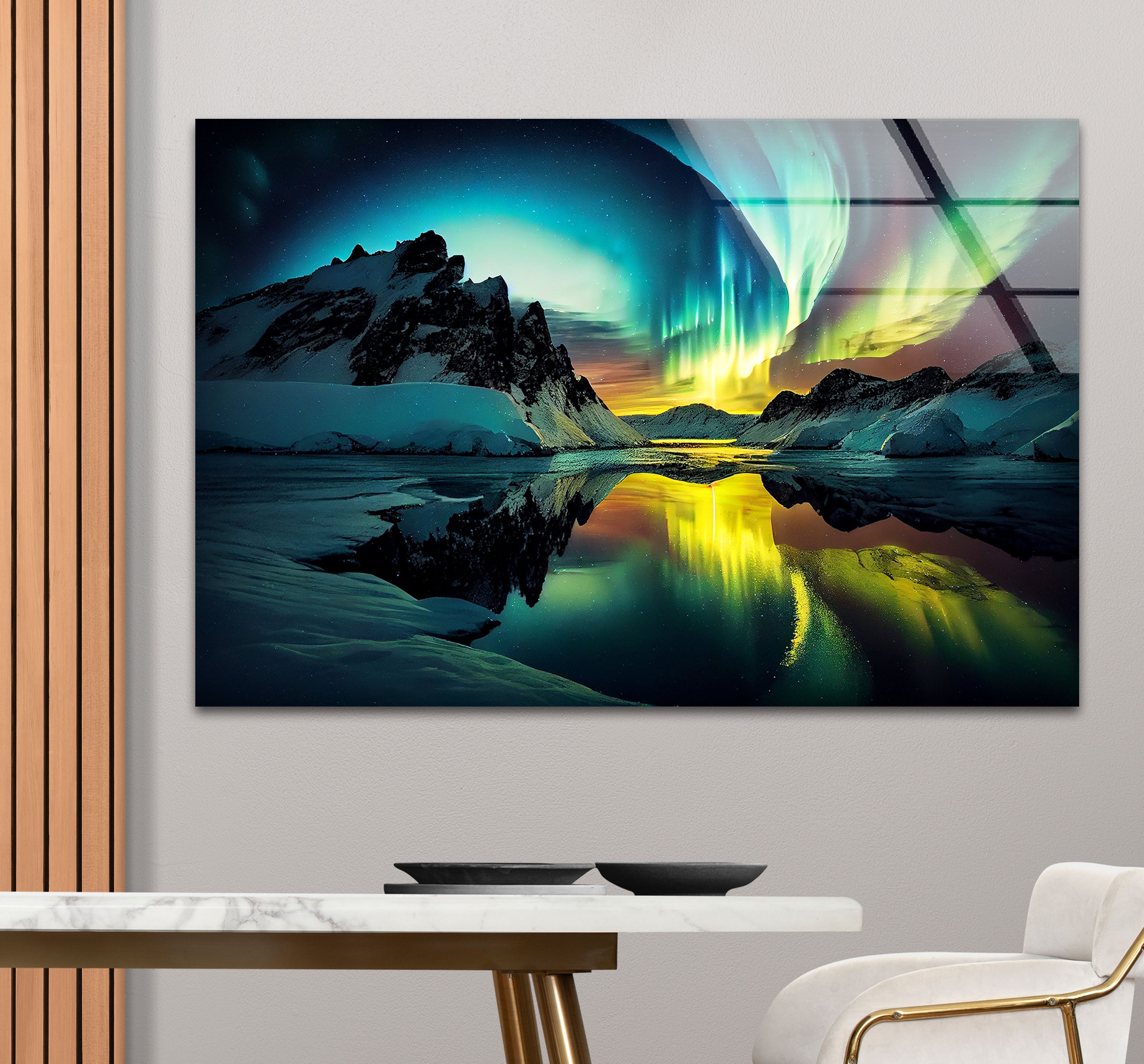 Aurora Borealis Glass Wall Art – Stunning Northern Lights Over Arctic Mountains – Perfect for Living Room, Bedroom & Office Decor