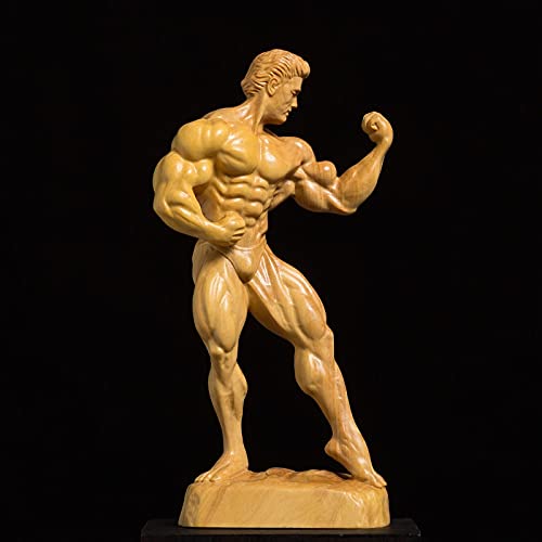 Hand-Carved Boxwood Sculpture - Bodybuilding Male Statue for Home & Living Room Decor | Unique Figurine for Gym, Office, and Man Cave Display