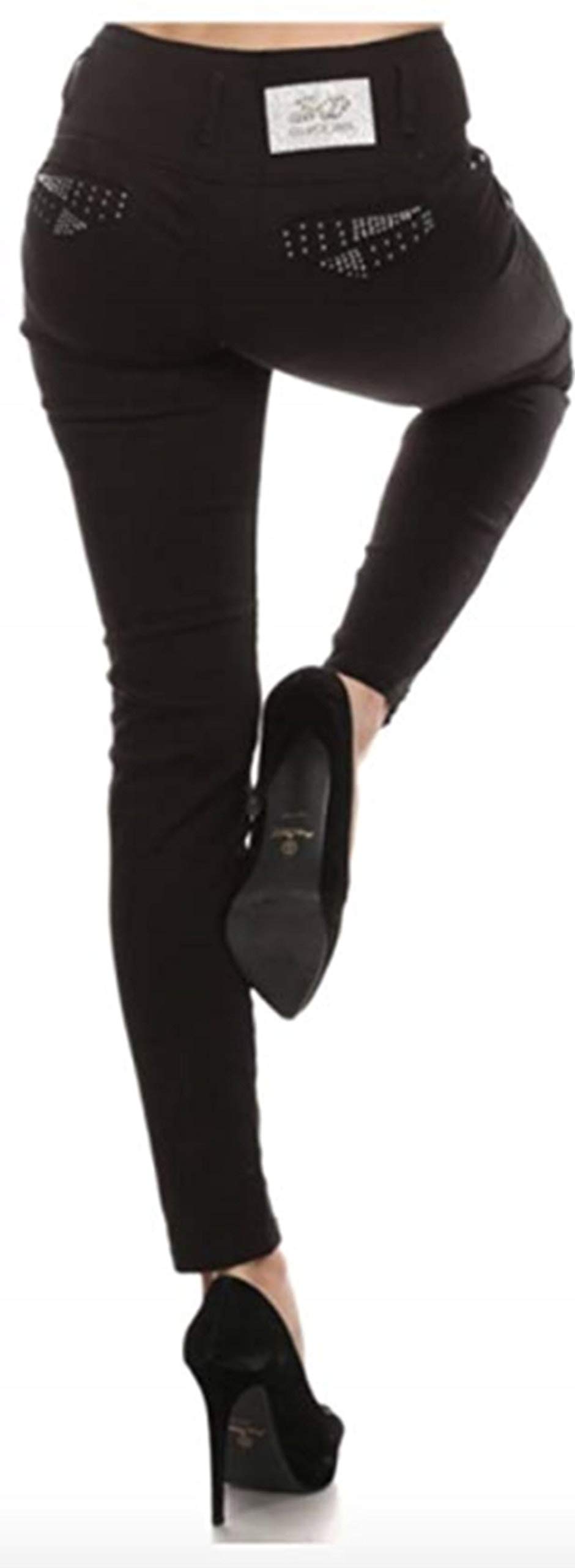 Jet Black Silver Diva High Waisted Straight Leg Butt-Lifting Skinny Jeans with Studs - Perfect for Night Out, Party & Casual Wear