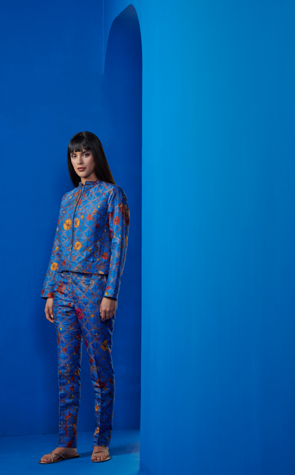 Elegant Boot Cut Trousers for Women - Premium Silk Brocade Fabric in Cobalt Blue - Perfect for Office Wear, Evening Parties & Special Occasions
