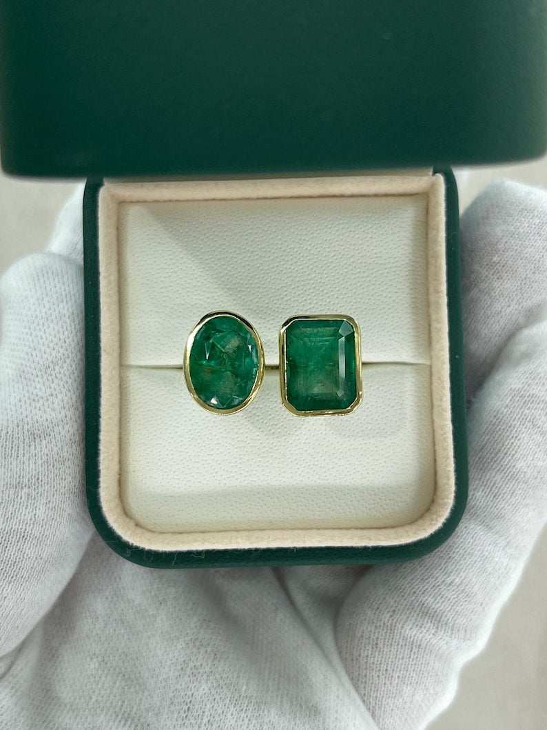 8.80tcw 18K Gold Toi Et Moi Ring with Emerald & Oval Cut Deep Green Gemstones | Vintage Inspired Engagement Ring, Wedding Band, Anniversary Gift for Her