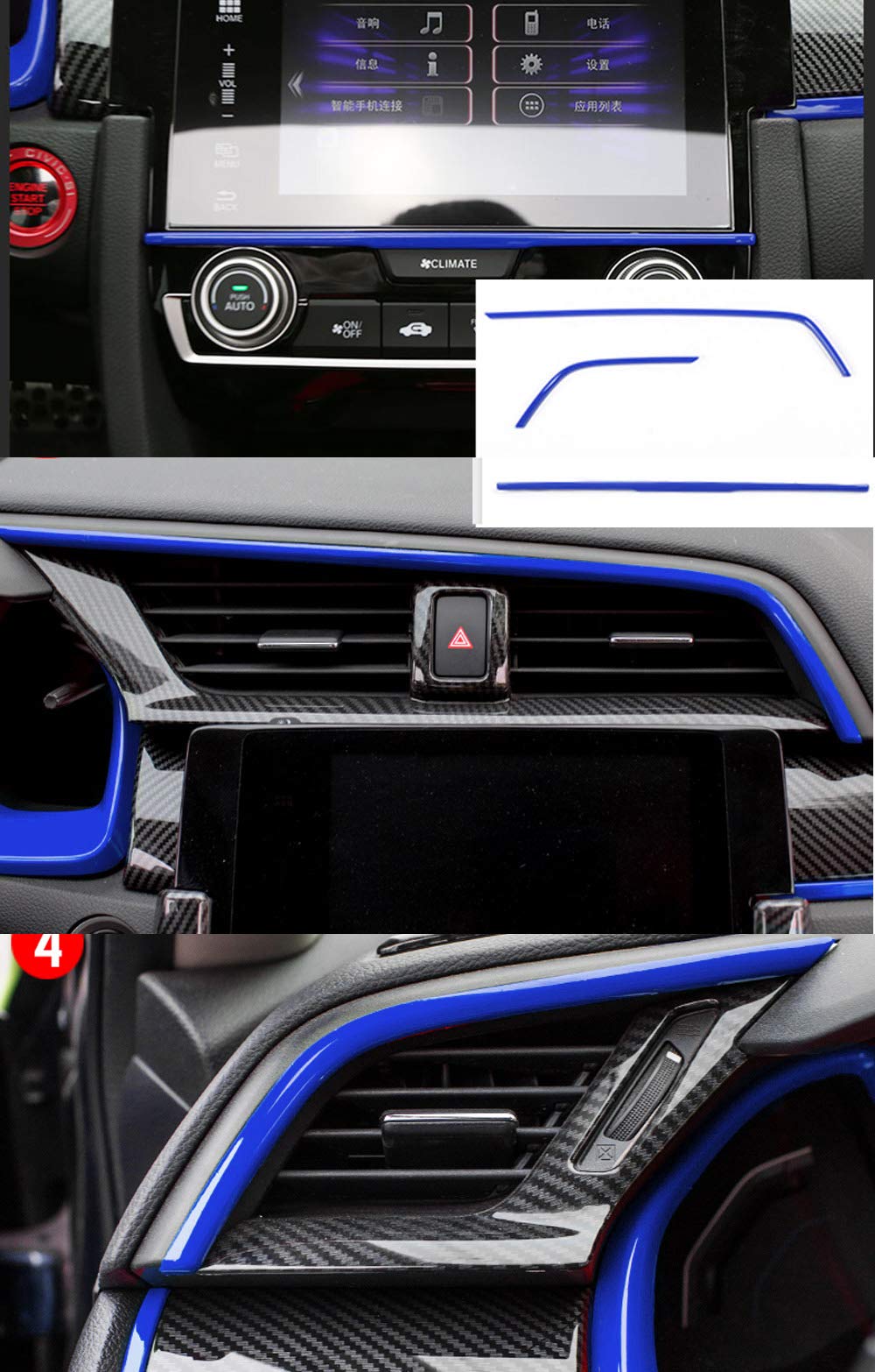 BOYUER 15PCS Interior Accessories Kit for 10th Gen Honda Civic (2016-2021) - Center Console Cover, Gear Box Trim & Decorative Stickers - Blue - Upgrade Your Car Interior Style for Daily Commute & Road Trips