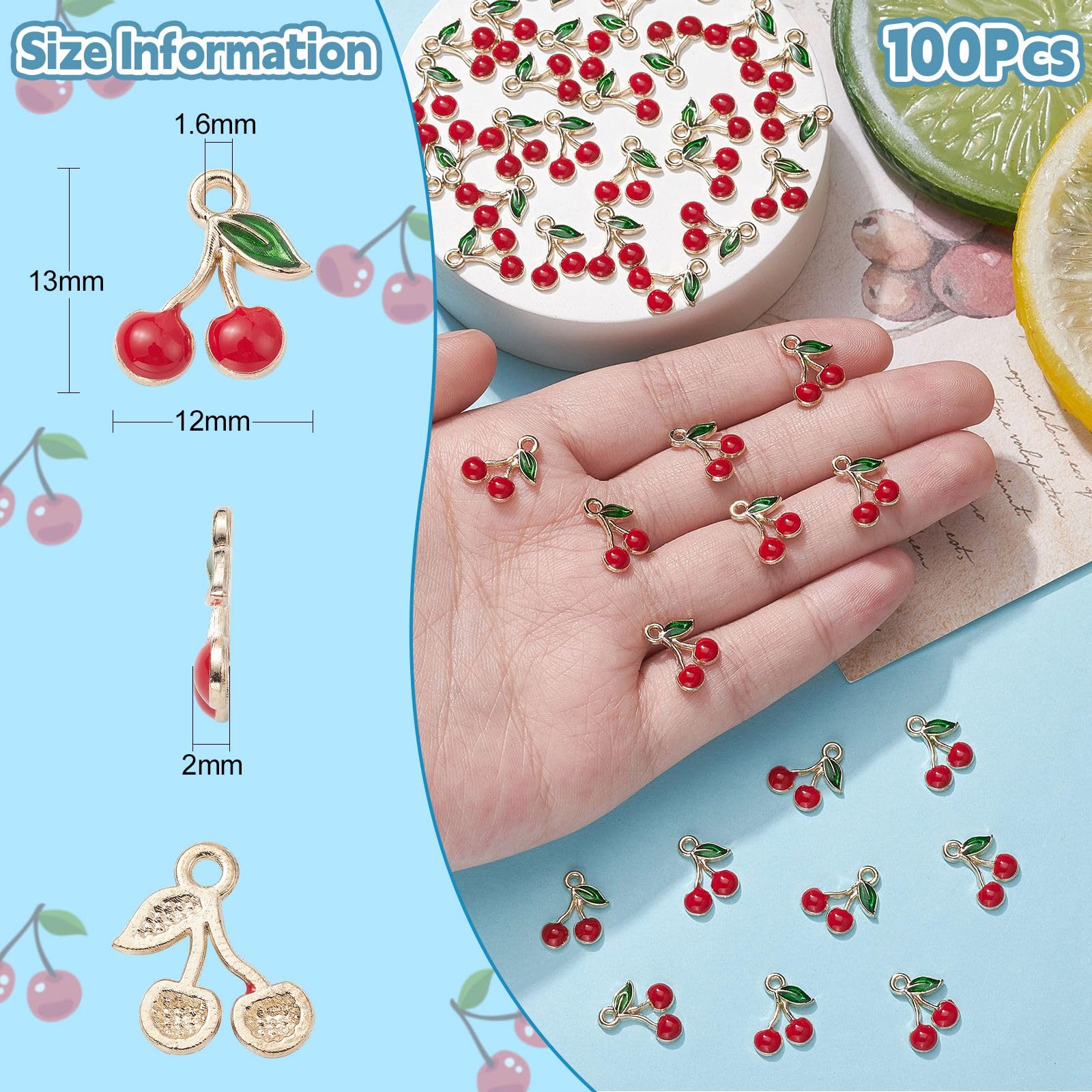 KitBeads 100pcs Red Cherry Charms - Enamel Food Jewelry Charms, Mini Fruit Pendants for DIY Bracelets, Necklaces & Earrings - Perfect for Crafting, Gift Making & Kawaii Accessories