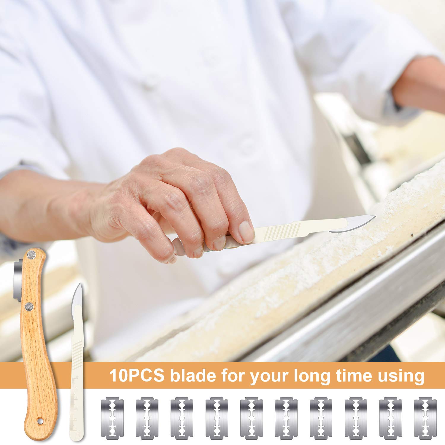 Premium Bread Lame Scoring Tool Kit - Wooden Handle Dough Slasher with 10 Replaceable Blades & 2 Protective Covers - Perfect for Sourdough, Baguettes, Artisan Bread Baking at Home or Bakery