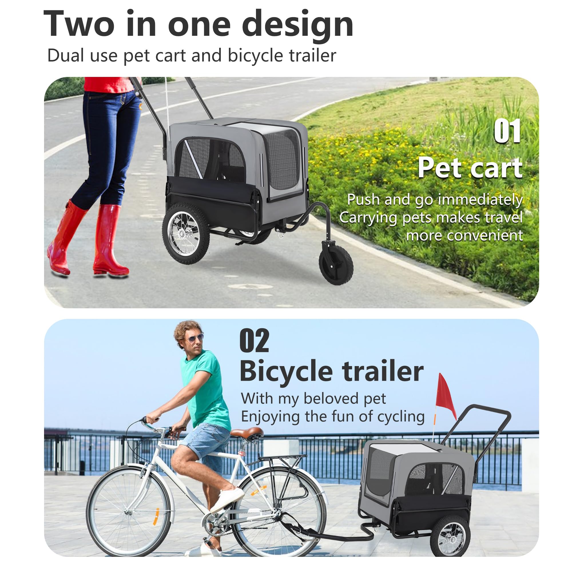 FDW 2-in1 Dog Bike Trailer & Pet Stroller - Convertible Bicycle Carrier with Hitch, Suspension, Safety Flag & Reflectors for Small Medium Large Dogs (Gray) - Perfect for Cycling, Jogging & Outdoor Adventures with Your Pet