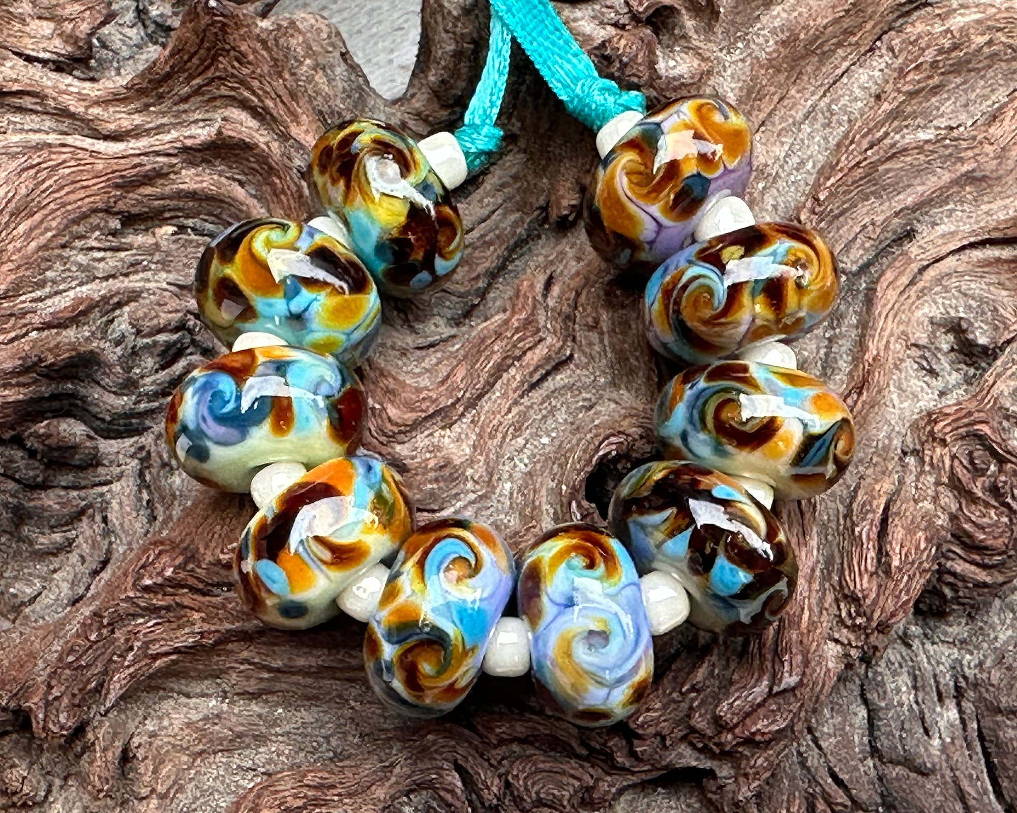 Handmade Turquoise and Brown Swirl Glass Lampwork Beads Set for Jewelry Making - DIY Necklace, Bracelet, Earrings Craft Supplies - Perfect for Boho, Hippie Style Accessories