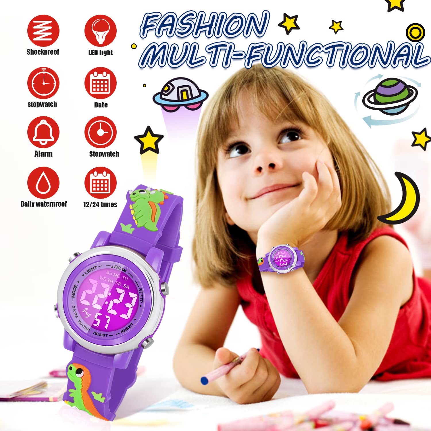 Waterproof Kids Watches with Alarm - Dinosaur Themed Digital Watch for Boys & Girls Ages 3-10 - Perfect for Swimming, Outdoor Play & School Activities