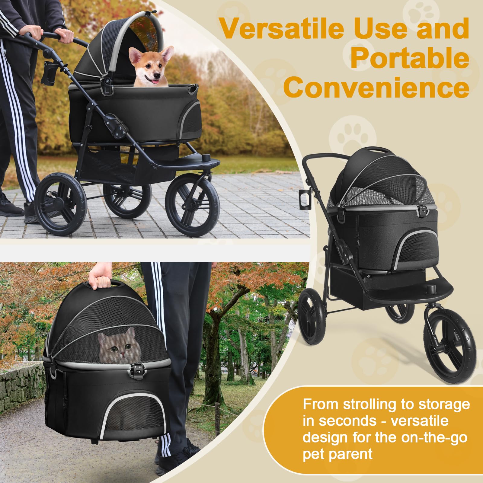 Premium 3-in-1 Dog Stroller for Small & Medium Dogs & Cats - All-Terrain 3-Wheel Jogging Pet Carrier with Removable Basket, Storage Compartment & Cup Holder (Black) - Perfect for Outdoor Walks, Park Visits & Vet Trips
